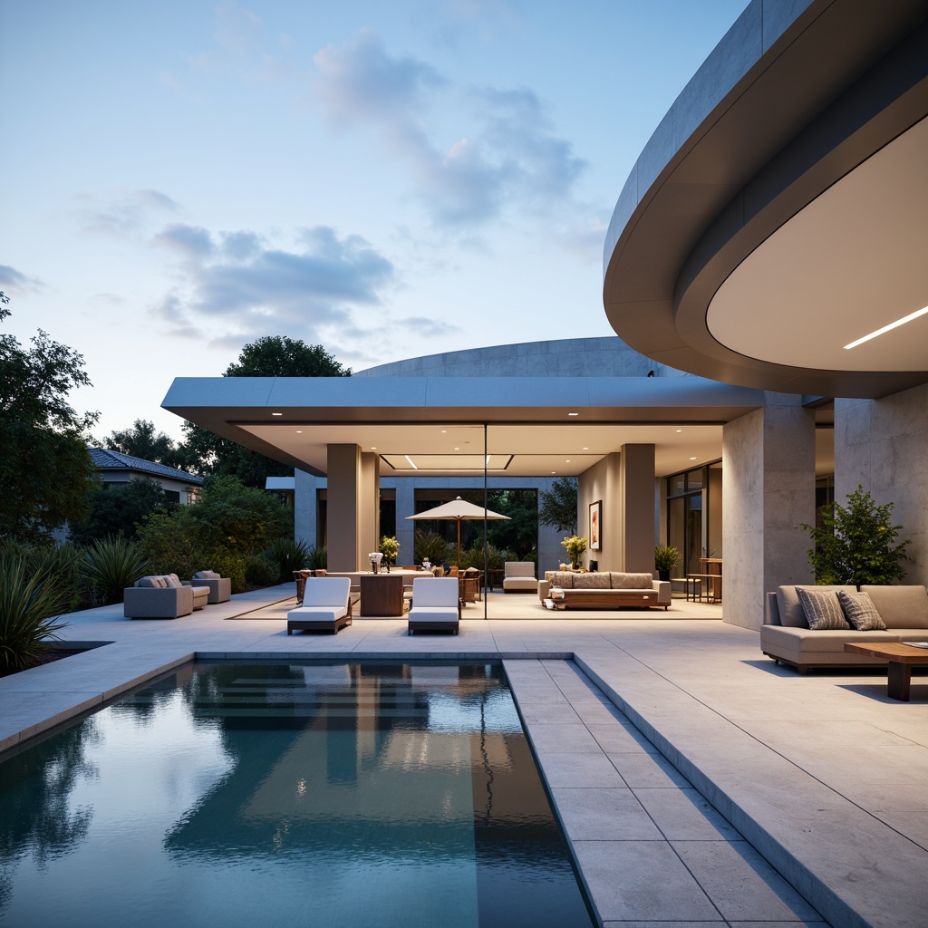 Prompt: Sleek modern villa, curved lines, fluid shapes, metallic accents, silver-gray color scheme, minimalist decor, floor-to-ceiling windows, sliding glass doors, cantilevered rooflines, open-plan living areas, polished marble floors, ambient LED lighting, soft gradient shadows, shallow depth of field, 1/1 composition, symmetrical framing, high-key image, subtle reflections, realistic materials, detailed textures.