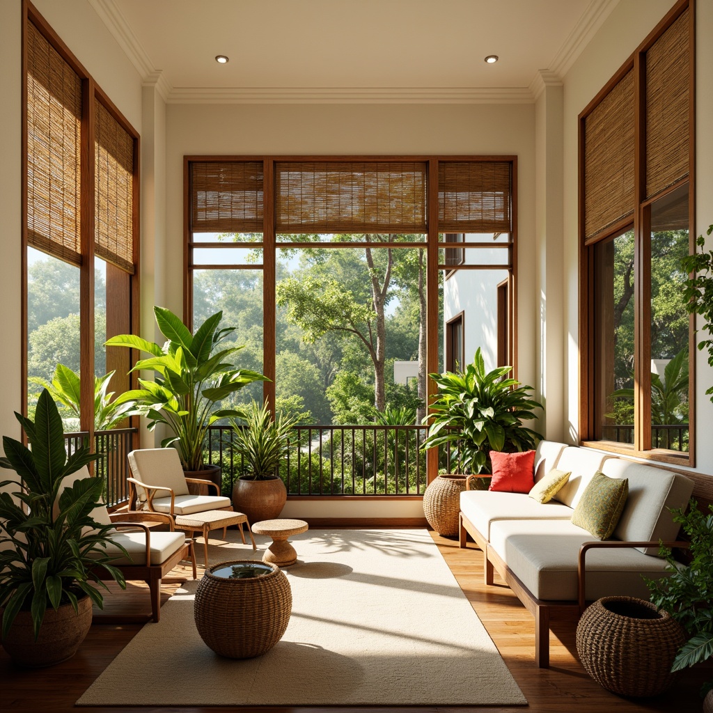 Prompt: Bright tropical interior, natural lighting, large windows, sliding glass doors, open plan living, high ceilings, wooden accents, rattan furniture, lush greenery, exotic plants, vibrant flowers, colorful textiles, woven baskets, wicker chairs, bamboo blinds, warm beige walls, creamy white trim, soft warm glow, diffused light, 1/1 composition, realistic textures, ambient occlusion.