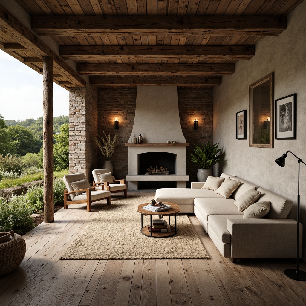 Prompt: Weathered wooden beams, distressed stone walls, earthy color palette, natural linen fabrics, vintage metal accents, reclaimed wood flooring, rustic brick fireplaces, soft warm lighting, cozy intimate spaces, lush greenery surroundings, rolling hills landscape, serene countryside atmosphere, 1/1 composition, realistic textures, ambient occlusion.