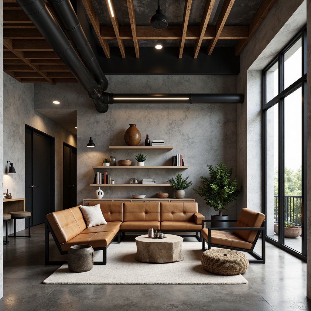 Prompt: Modern interior, sleek lines, minimal ornamentation, polished concrete floors, matte black metal accents, reclaimed wood furniture, smooth leather upholstery, industrial chic decor, exposed ductwork, natural stone walls, neutral color palette, subtle texture contrasts, warm ambient lighting, 1/1 composition, shallow depth of field, realistic renderings.