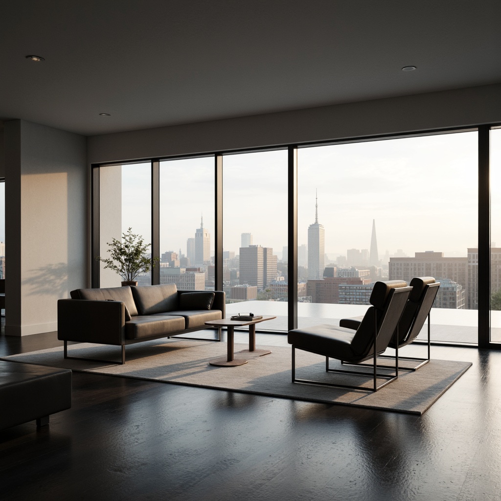 Prompt: Monochromatic color scheme, clean lines, minimal ornamentation, sleek low-profile furniture, polished metal accents, floor-to-ceiling windows, sliding glass doors, open-plan living space, subtle texture variations, matte finishes, ambient indirect lighting, soft shadows, 1/1 composition, atmospheric perspective, realistic reflections, modern urban landscape, city skyline view, morning sunlight, gentle warm glow.