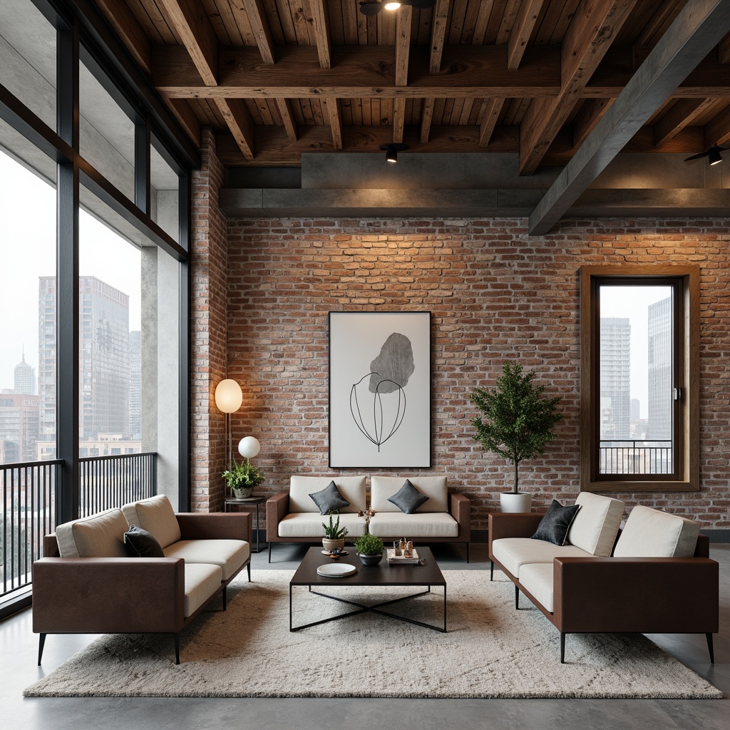 Prompt: Exposed brick walls, industrial metal beams, reclaimed wood accents, monochromatic color scheme, neutral tones, soft gray, creamy white, warm beige, rich walnut, dark charcoal, matte black, polished chrome, minimalist decor, urban loft atmosphere, natural light pouring in, large windows, cityscape views, abstract artwork, geometric patterns, low-pile rugs, sleek leather sofas, industrial-chic lighting fixtures, 3/4 composition, shallow depth of field, soft warm lighting.