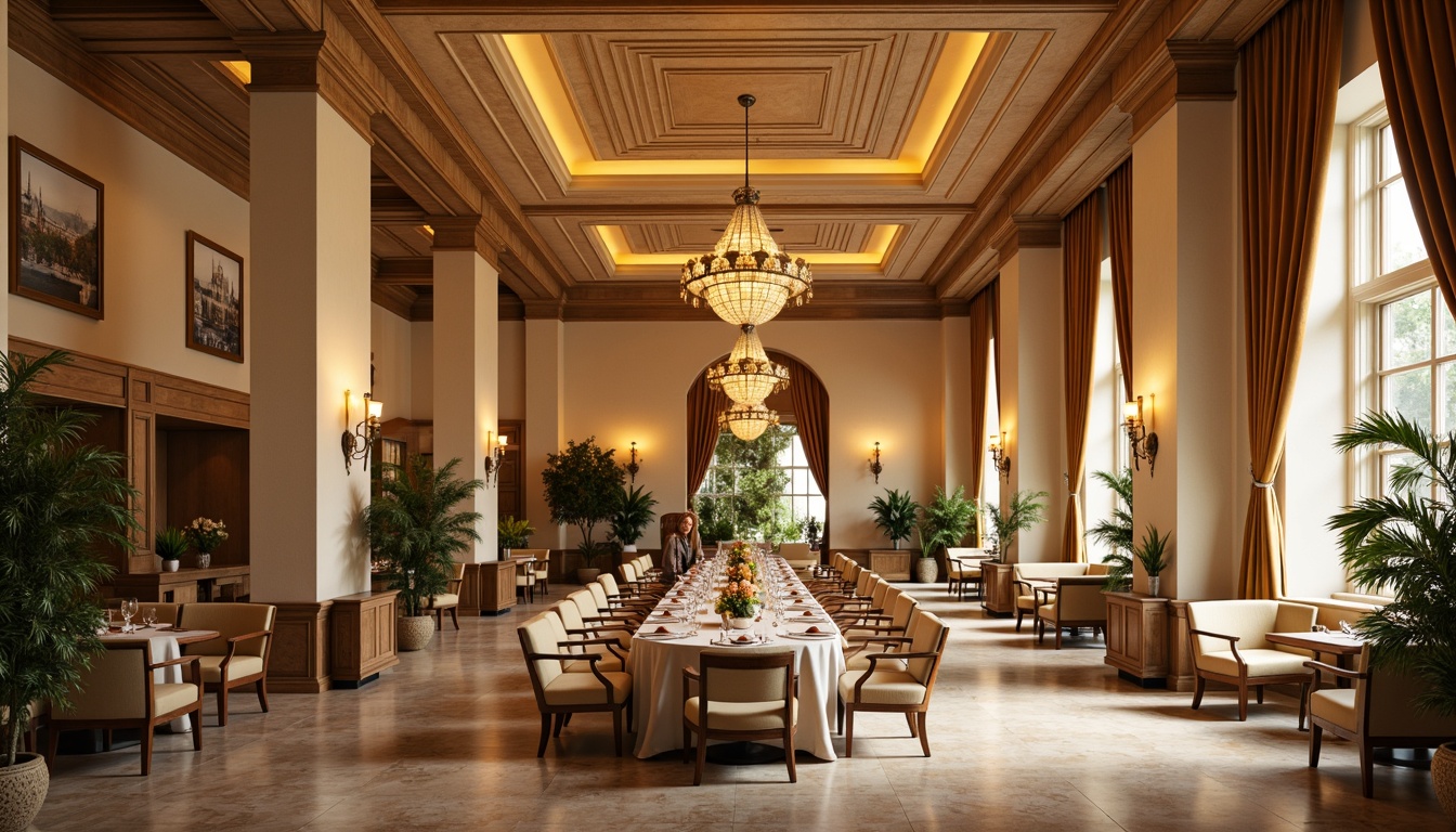 Prompt: Elegant dining hall, warm golden lighting, rich wood tones, cream-colored walls, ornate chandeliers, plush velvet drapes, luxurious marble floors, soft beige upholstery, vintage wooden furniture, classic decorative accents, sophisticated color scheme, earthy brown hues, subtle gold undertones, inviting atmosphere, shallow depth of field, 1/1 composition, realistic textures, ambient occlusion.