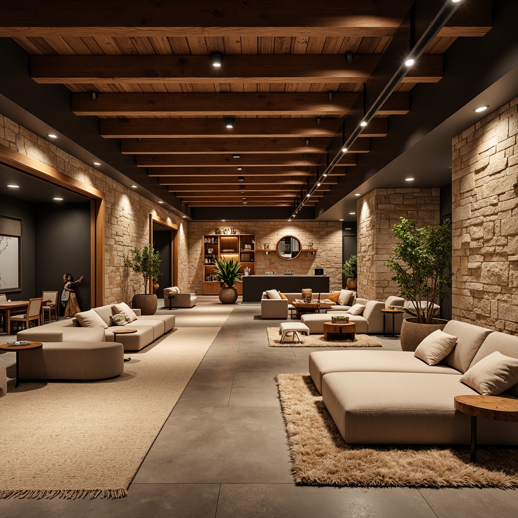 Prompt: Cozy basement interior, warm wood tones, soft carpet flooring, plush area rugs, comfortable seating areas, rustic stone walls, modern metal beams, recessed lighting, earthy color palette, natural materials, textured concrete floors, epoxy resin coatings, industrial chic decor, minimal ornamentation, functional storage solutions, open-plan layout, inviting ambiance, warm overhead lighting, shallow depth of field, 2/3 composition.