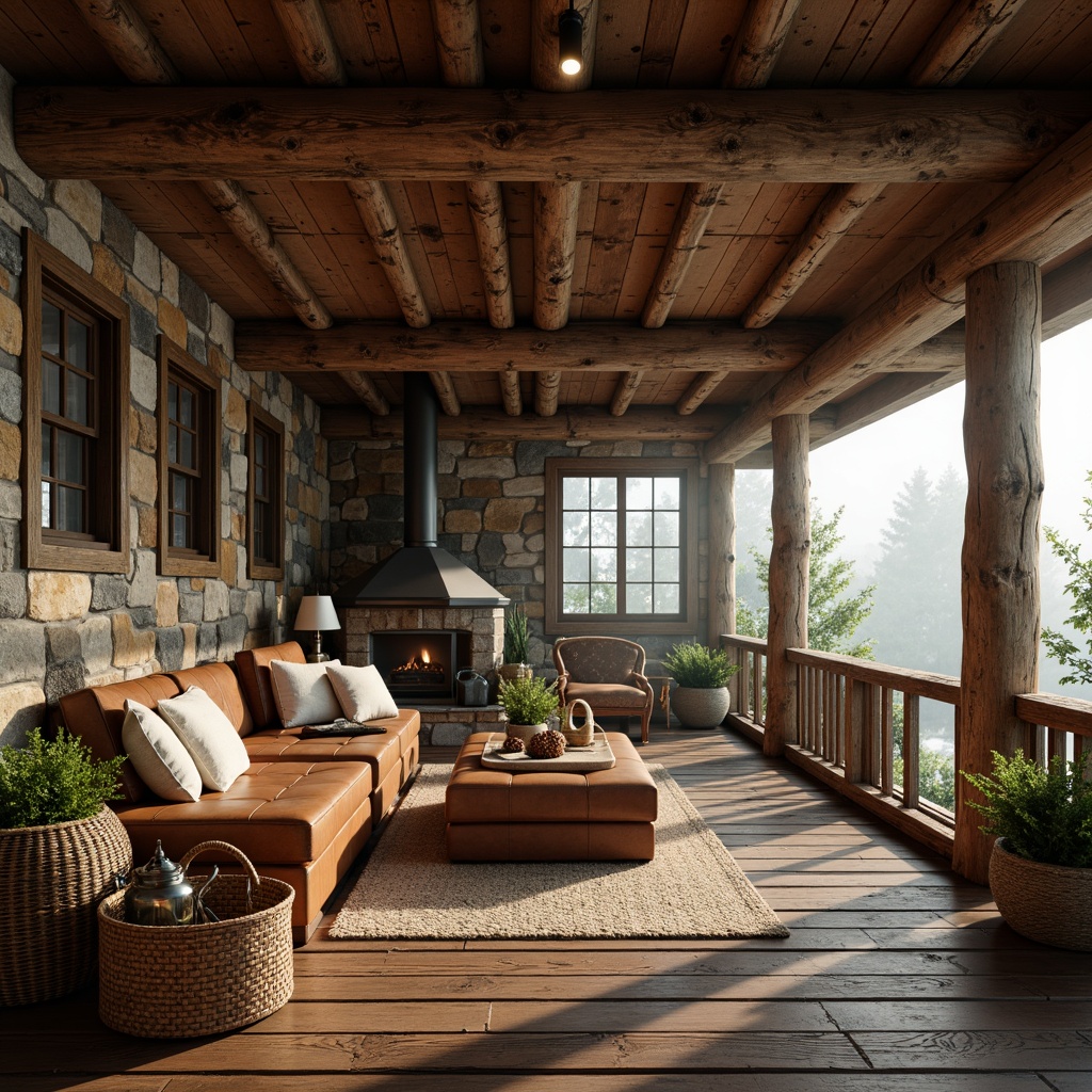 Prompt: Rustic wooden cabin, earthy tones, natural stone walls, reclaimed wood accents, vintage metal lanterns, distressed leather furniture, woven wicker baskets, pinecone decorations, forest surroundings, misty morning light, warm cozy atmosphere, shallow depth of field, 1/2 composition, rustic texture overlays, ambient occlusion.