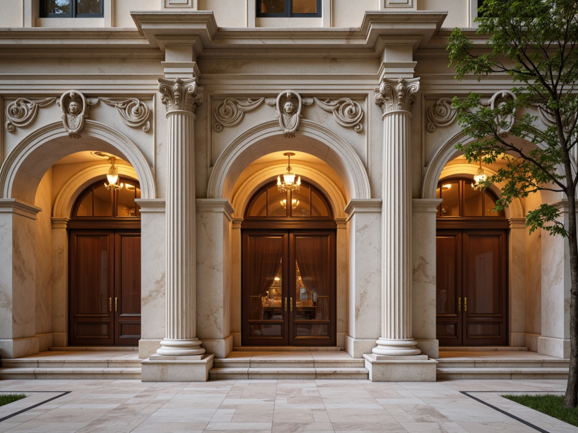 Prompt: Elegant neoclassical facade, ornate moldings, intricate carvings, grand entranceways, fluted columns, decorative pilasters, carved wooden doors, polished marble floors, symmetrical composition, classical proportions, soft warm lighting, subtle shading, realistic textures, ambient occlusion.