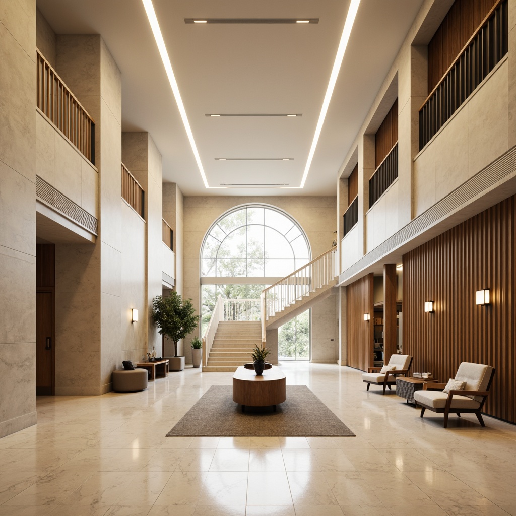 Prompt: Modern courthouse interior, sleek contemporary design, polished marble floors, cream-colored walls, subtle texture patterns, metallic accents, geometric ceiling details, minimalist lighting fixtures, soft warm ambiance, shallow depth of field, 1/1 composition, realistic reflections, ambient occlusion, rich wood paneling, sophisticated color palette, elegant furnishings, ornate architectural columns, grand staircase, spacious atrium, natural light pouring in.