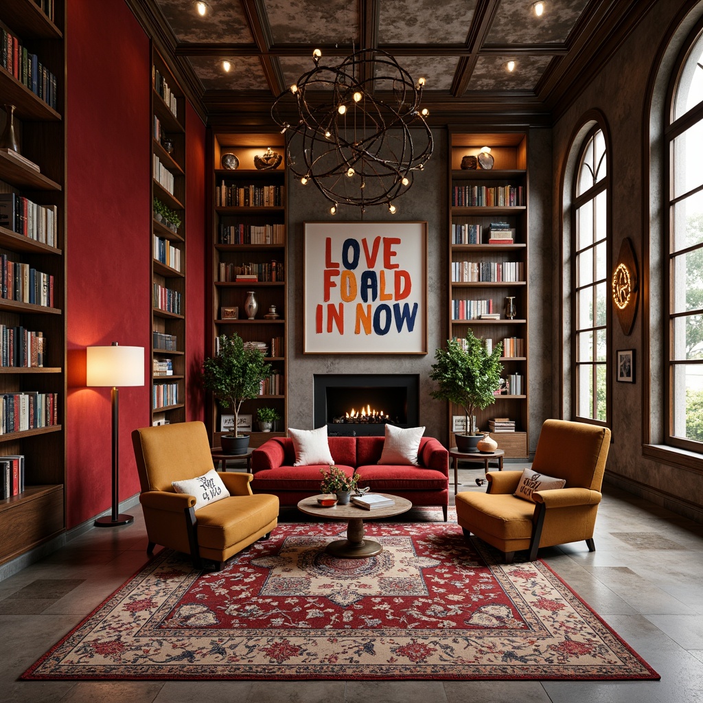 Prompt: Richly textured bookshelves, warm wooden accents, vibrant color blocking, eclectic furniture pieces, plush area rugs, cozy reading nooks, dramatic floor lamps, whimsical ceiling fixtures, expressive abstract artwork, bold typography, ornate metalwork, luxurious velvet fabrics, reclaimed wood walls, polished concrete floors, geometric patterned tiles, soft warm lighting, shallow depth of field, 1/1 composition, realistic textures, ambient occlusion.