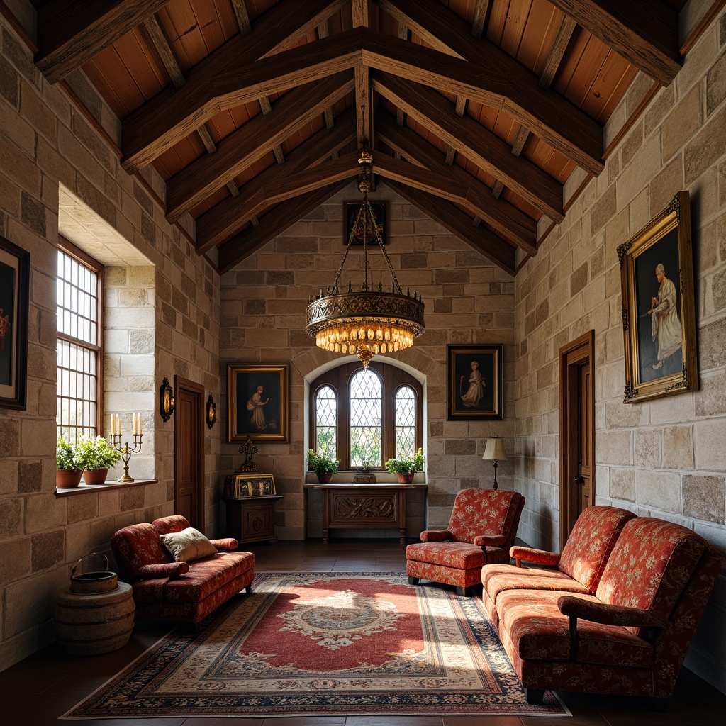 Prompt: Rustic monastery interior, wooden beam ceilings, stone walls, ornate frescoes, intricate carvings, grand chandeliers, lavish drapery, velvet upholstery, distressed leather furniture, ancient artifacts, prayer candles, stained glass windows, soft warm lighting, shallow depth of field, 1/1 composition, realistic textures, ambient occlusion.