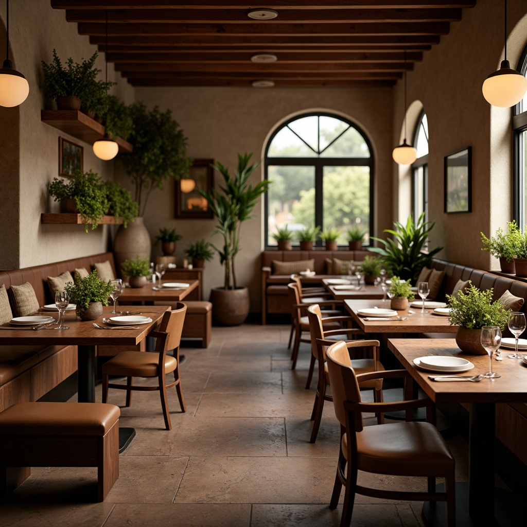 Prompt: Cozy dining area, warm wooden tables, plush cushions, soft overhead lighting, intimate seating arrangements, elegant centerpieces, lush greenery, natural stone floors, earthy tone color scheme, comfortable banquettes, rustic metal decorations, vintage wine racks, aromatic candles, abundant natural light, shallow depth of field, 1/2 composition, warm atmospheric glow.