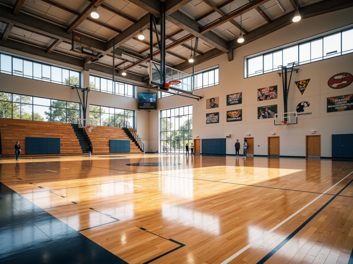 Prompt: Polished wood flooring, athletic tracks, sports equipment, academic logo emblems, natural light, high ceilings, large windows, modern gymnasium design, sleek metal beams, motivational quotes, trophy displays, wooden bleachers, scoreboards, basketball hoops, volleyball nets, badminton courts, tennis tables, soft warm lighting, shallow depth of field, 3/4 composition, panoramic view, realistic textures, ambient occlusion.