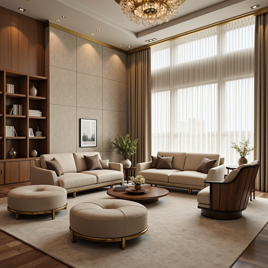 Prompt: Luxurious living room, plush velvet sofas, curved wooden armchairs, tufted ottomans, rich walnut coffee tables, ornate metal frames, soft cream-colored carpets, crystal chandeliers, floor-to-ceiling windows, sheer white curtains, elegant throw pillows, comfortable cushions, warm beige walls, subtle textures, golden accents, ambient lighting, 1/1 composition, shallow depth of field, realistic rendering.