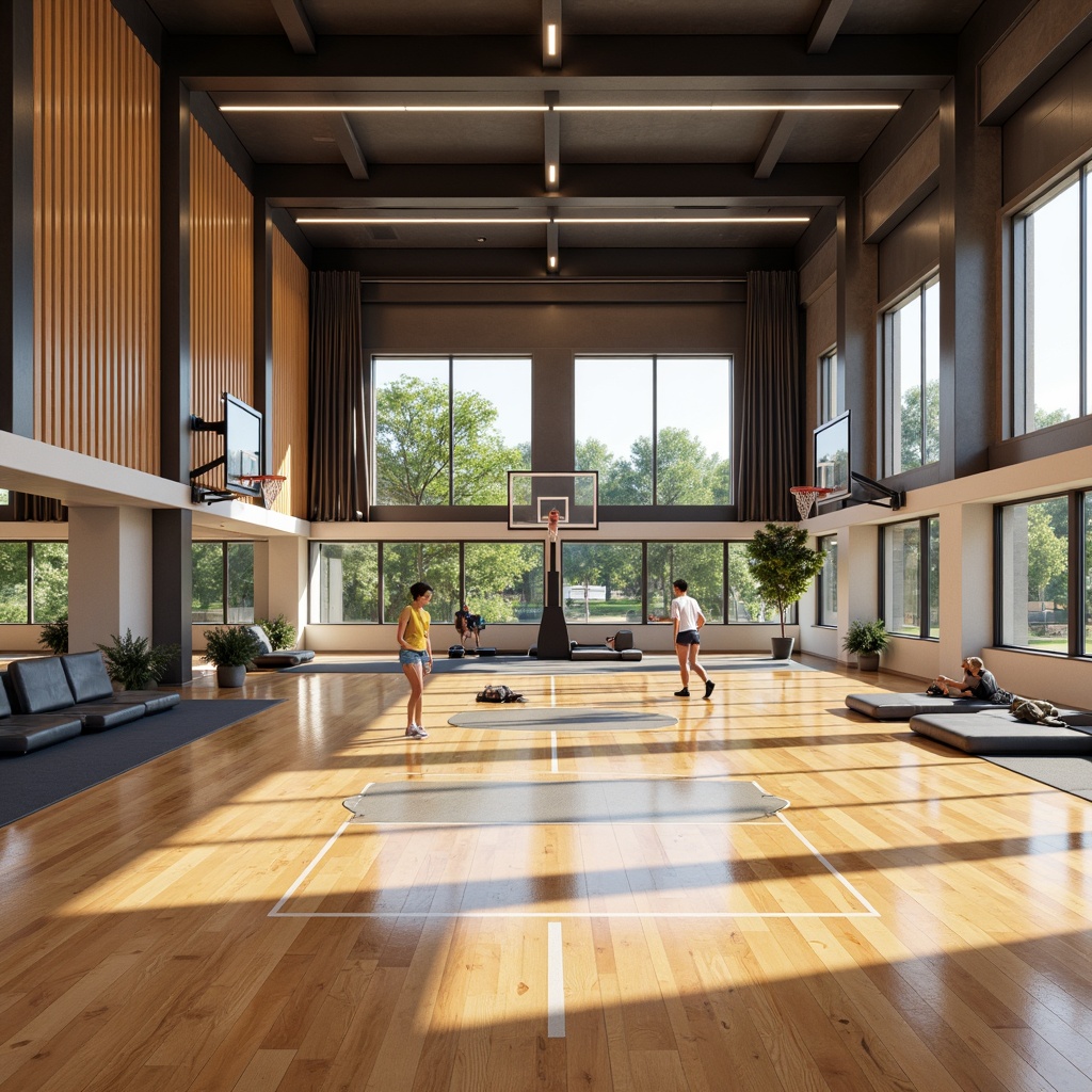 Prompt: Modern gymnasium interior, high ceilings, polished wooden floors, athletic equipment, basketball hoops, sports mats, mirrored walls, natural daylight, LED strip lighting, suspended acoustic panels, indirect warm lighting, 1/2 composition, softbox lights, even illumination, realistic reflections, ambient occlusion.