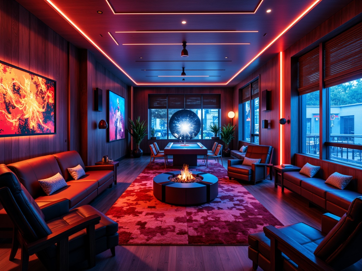 Prompt: Vibrant game room, bold colors, neon accents, futuristic glow, dark wood paneling, sleek metal frames, cozy ambient lighting, rich velvet fabrics, dynamic LED strips, electric blue hues, fiery orange tones, deep crimson shades, metallic silver accents, geometric patterns, abstract art pieces, high-tech gadgets, immersive gaming experience, cinematic sound systems.