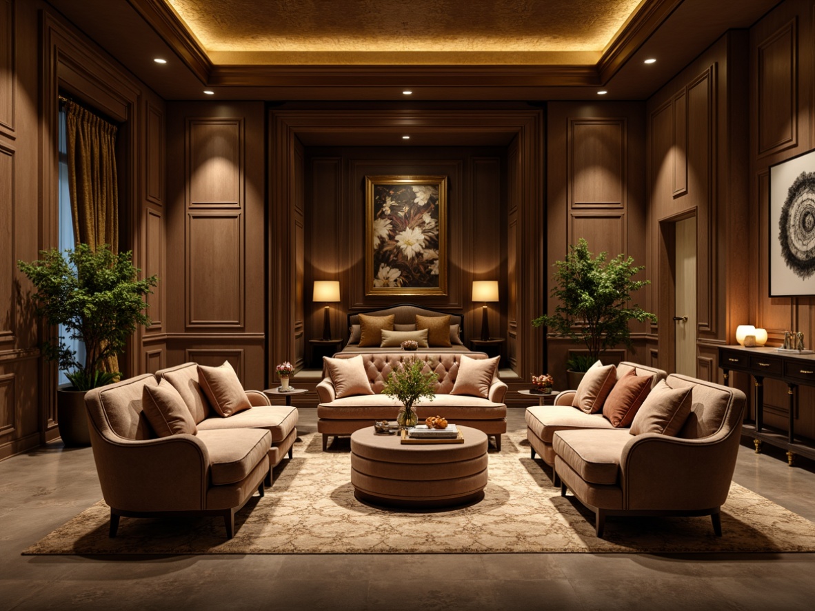 Prompt: Luxurious velvet sofas, plush cushions, dark wood accents, ornate carvings, soft golden lighting, warm beige tones, elegant curves, tufted upholstery, polished metal legs, comfortable sectional seating, cozy reading nooks, rich leather armchairs, sophisticated patterns, subtle textures, inviting atmosphere, warm color palette, relaxing ambiance, 1/2 composition, soft focus blur, warm glowing lighting.