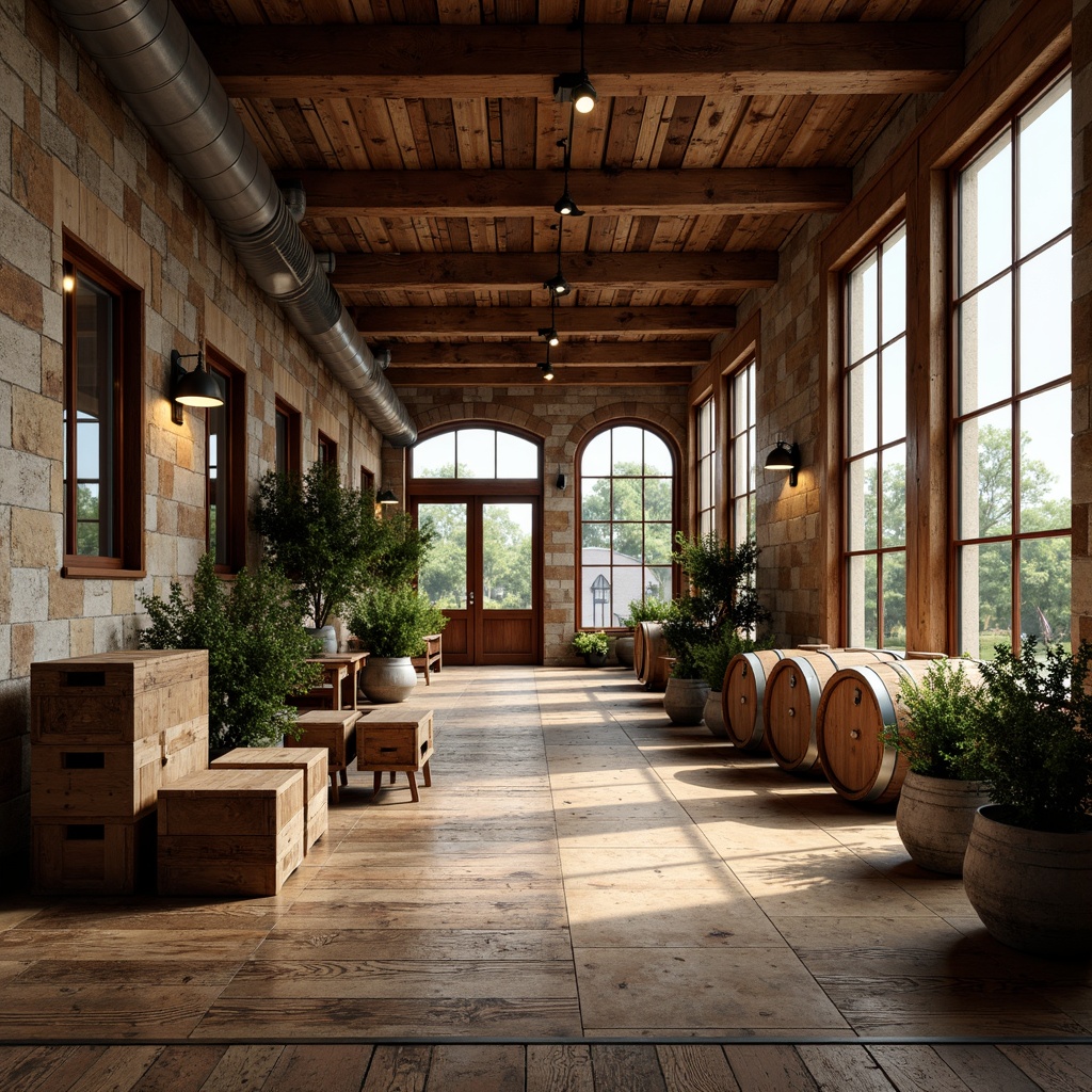 Prompt: Rustic winery interior, exposed wooden beams, industrial metal accents, reclaimed wood flooring, earthy color palette, natural stone walls, vintage wine barrels, metal lanterns, distressed wooden crates, urban loft atmosphere, high ceilings, large windows, soft warm lighting, shallow depth of field, 3/4 composition, realistic textures, ambient occlusion.