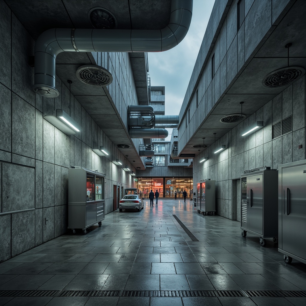 Prompt: Exterior concrete walls, rugged brutalist fa\u00e7ade, industrial-style lighting fixtures, exposed ductwork, raw concrete floors, functional minimalism, sterile hospital atmosphere, stainless steel medical equipment, neon signs, urban cityscape, cloudy overcast day, dramatic shadows, high-contrast lighting, 1/1 composition, symmetrical framing, harsh overhead lighting, metal grille diffusers, cylindrical pendant lamps, recessed linear lights, ambient occlusion, realistic materials.