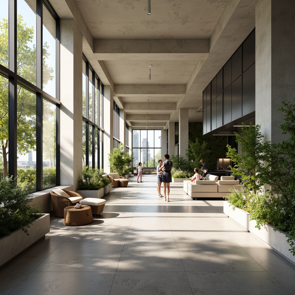 Prompt: Modern minimalist interior, sleek lines, polished concrete floors, floor-to-ceiling windows, abundant natural light, flexible modular furniture, collaborative workspaces, acoustic panels, green walls, living plants, calming ambiance, warm neutral color scheme, recessed lighting, 1/1 composition, shallow depth of field, realistic textures, ambient occlusion.