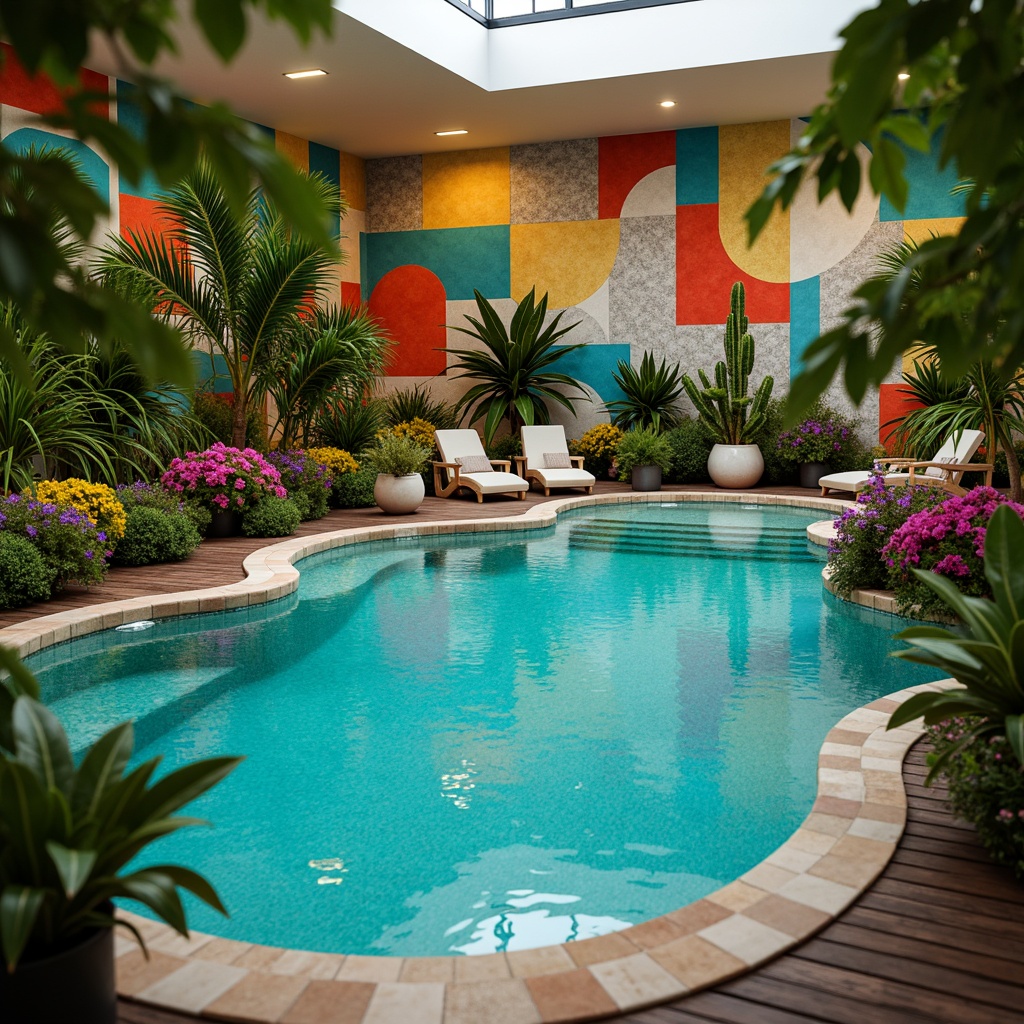 Prompt: Vibrant indoor swimming pool, lush tropical plants, exotic flowers, wavy leaves, colorful ceramic tiles, abstract expressionist murals, undulating pool curves, natural stone walls, wooden deck flooring, modern pendant lighting, warm golden ambiance, shallow depth of field, 1/2 composition, soft focus effect, dreamy atmosphere, artistic brushstrokes, bold color palette.