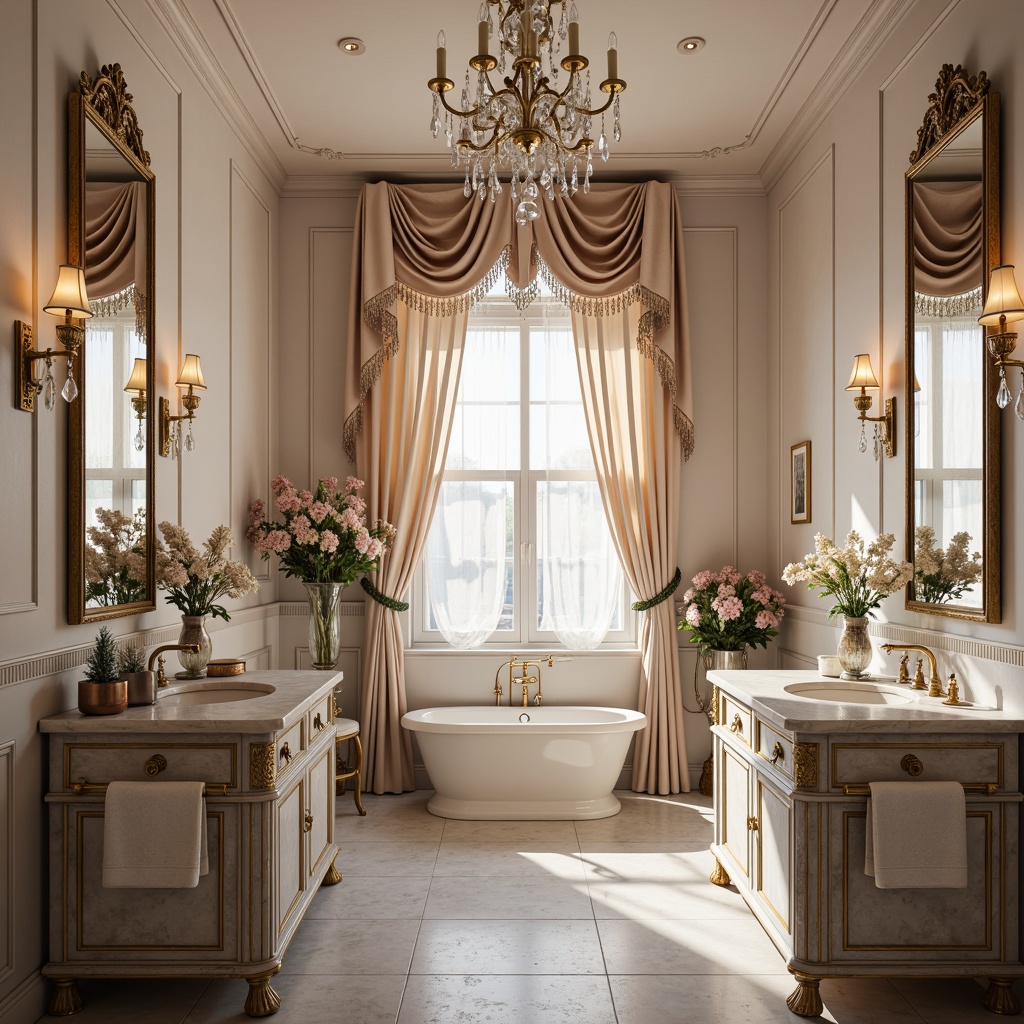 Prompt: Elegant powder room, soft pastel colors, distressed wood furniture, ornate mirrors, crystal chandeliers, delicate lace curtains, velvet upholstery, antique accessories, feminine touches, luxurious marble countertops, porcelain sinks, gold hardware, lavish florals, warm candlelight, shallow depth of field, 1/1 composition, romantic ambiance, realistic textures.