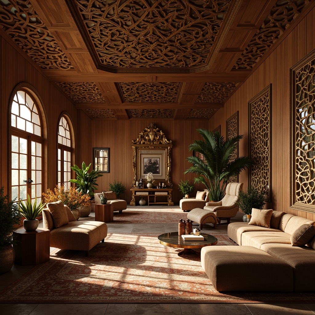 Prompt: Intricate ornate furniture, sinuous curves, flowing lines, organic forms, luxurious fabrics, velvet upholstery, carved wooden accents, polished metal details, ornate mirrors, decorative screens, curved glass tables, sculptural chairs, botanical patterns, earthy tones, warm golden lighting, soft focus, shallow depth of field, 2/3 composition, cinematic view, realistic textures, ambient occlusion.