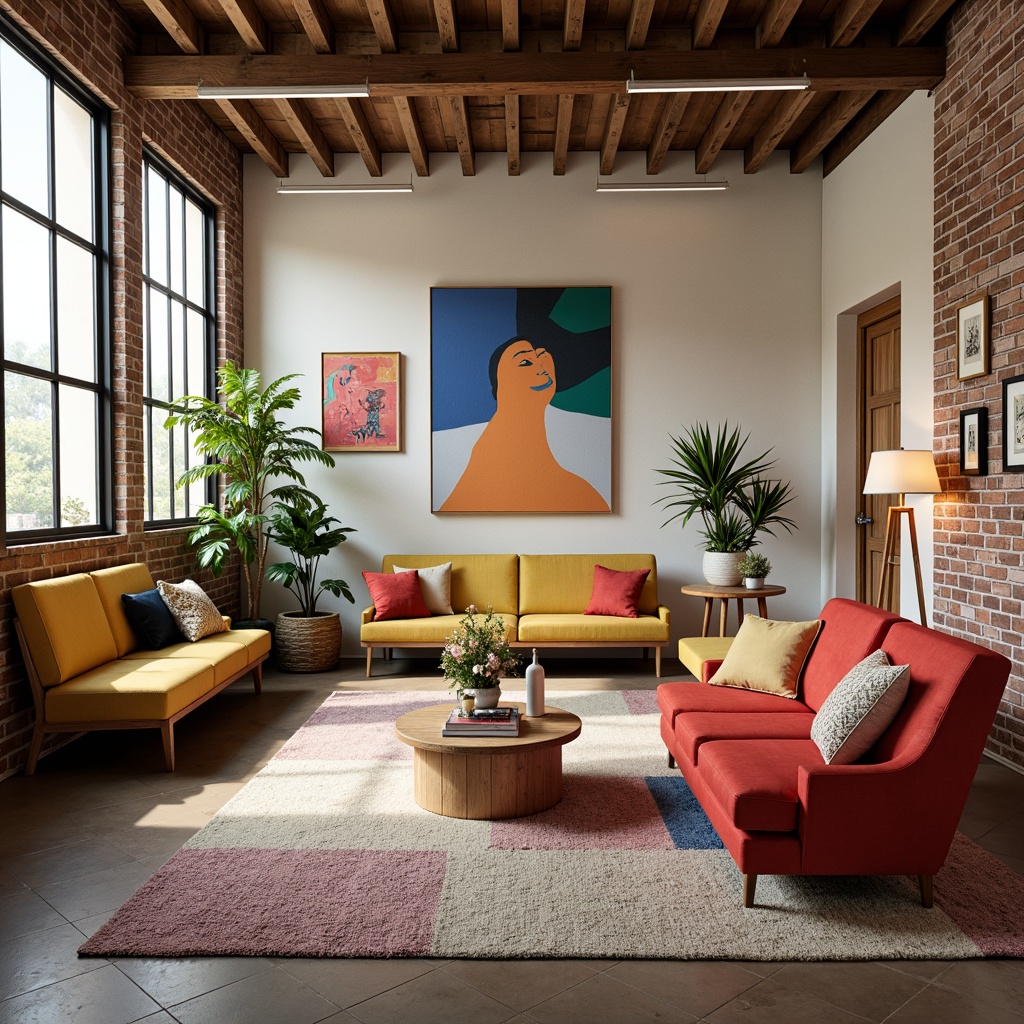 Prompt: Vibrant art studio, eclectic furniture, bold color blocking, abstract artwork, textured rugs, industrial lighting, exposed brick walls, modern minimalist decor, pastel accent colors, creamy whites, rich wood tones, natural textiles, soft warm glow, shallow depth of field, 1/1 composition, intimate atmosphere, realistic rendering, ambient occlusion.