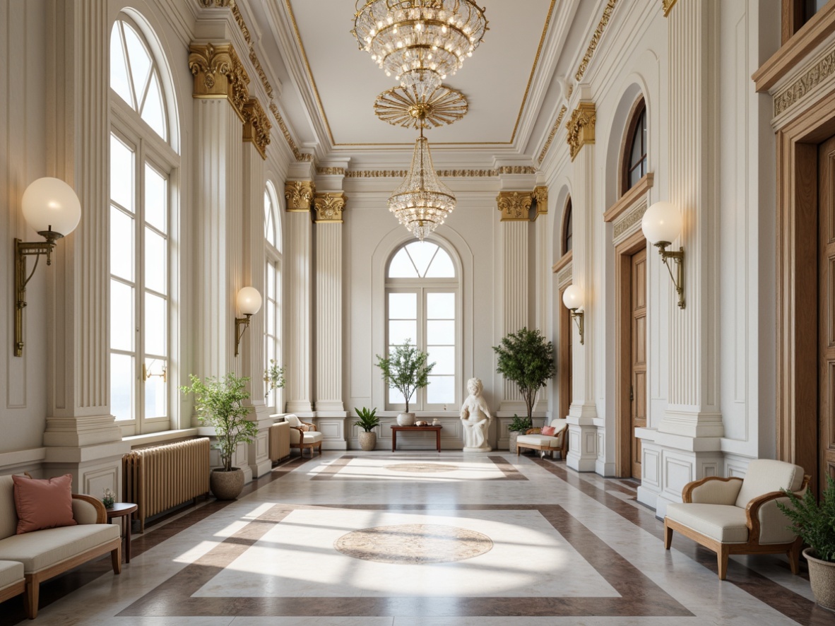 Prompt: Grand neoclassical interior, symmetrical composition, ornate moldings, gilded details, crystal chandeliers, marble flooring, stately columns, archways, vaulted ceilings, subtle color palette, creamy whites, soft grays, rich wood tones, luxurious fabrics, tufted upholstery, carved furnishings, classical sculptures, elegant lighting fixtures, precise 1/1 composition, harmonious balance, refined textures, subtle ambient occlusion.