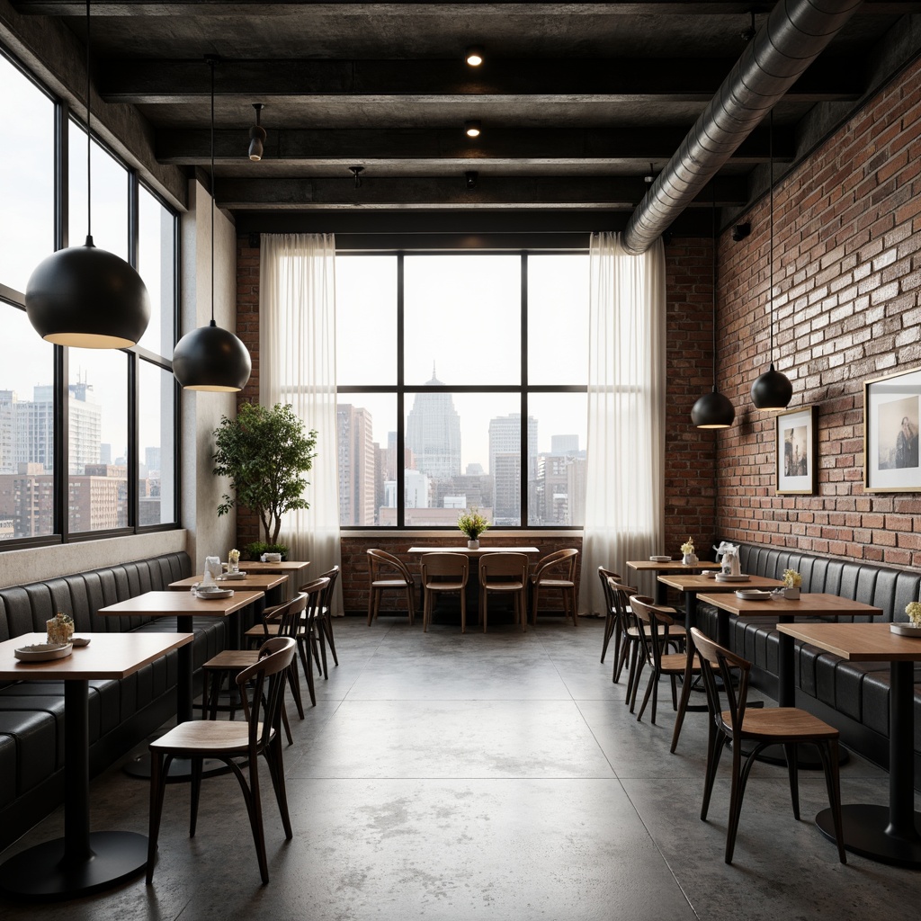 Prompt: Industrial chic breakfast nook, minimalist decor, monochromatic color scheme, steel beams, exposed brick walls, polished concrete floors, wooden tables, bentwood chairs, geometric pendant lamps, matte black lighting fixtures, natural light pouring in, sheer white curtains, urban cityscape views, morning sunlight, soft warm glow, shallow depth of field, 1/1 composition, realistic textures, ambient occlusion.