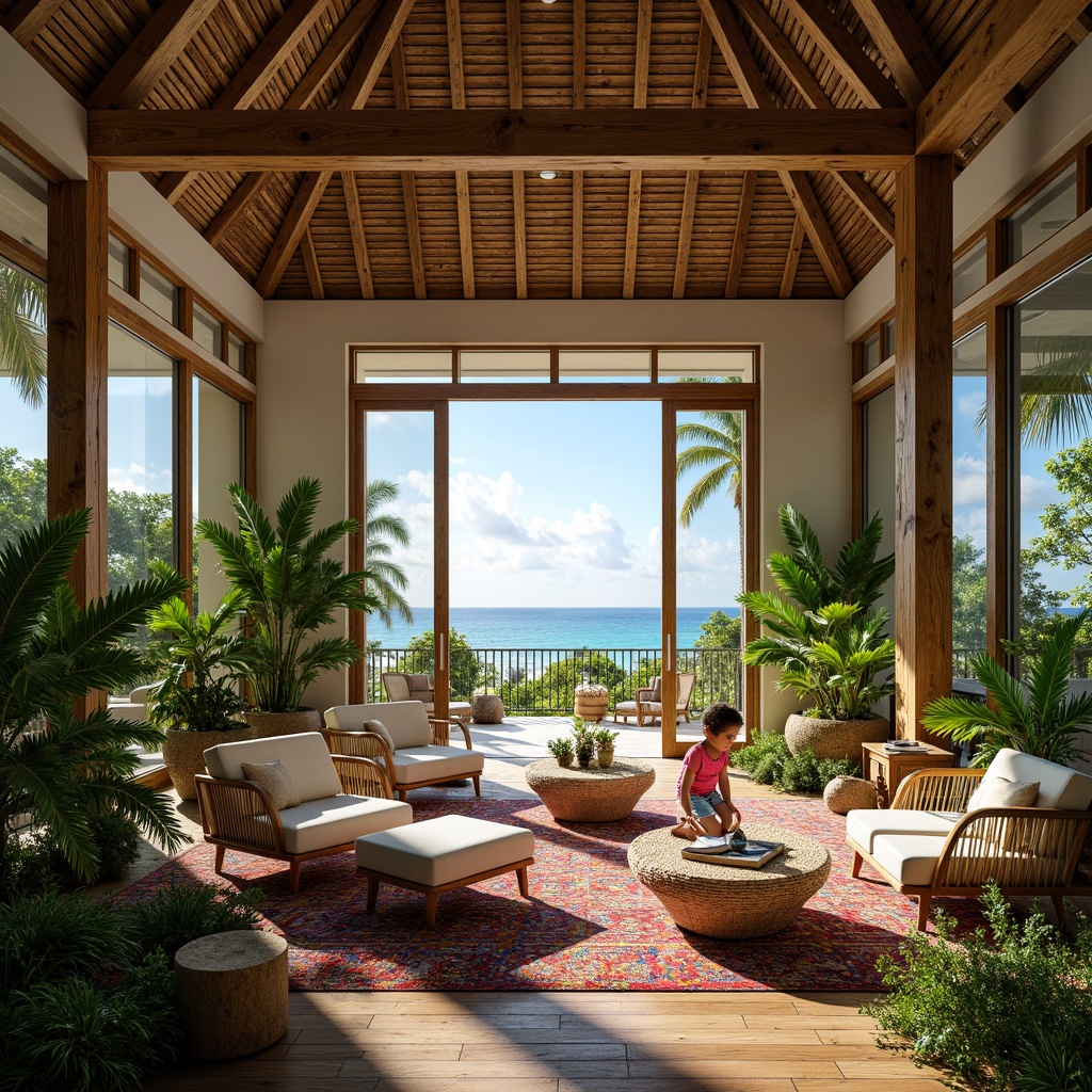 Prompt: Tropical interior setting, open space layout, lush greenery, exotic plants, natural wood accents, woven rattan furniture, vibrant colorful textiles, intricate geometric patterns, high ceilings, large windows, sliding glass doors, ocean views, sunny day, soft warm lighting, shallow depth of field, 3/4 composition, panoramic view, realistic textures, ambient occlusion.