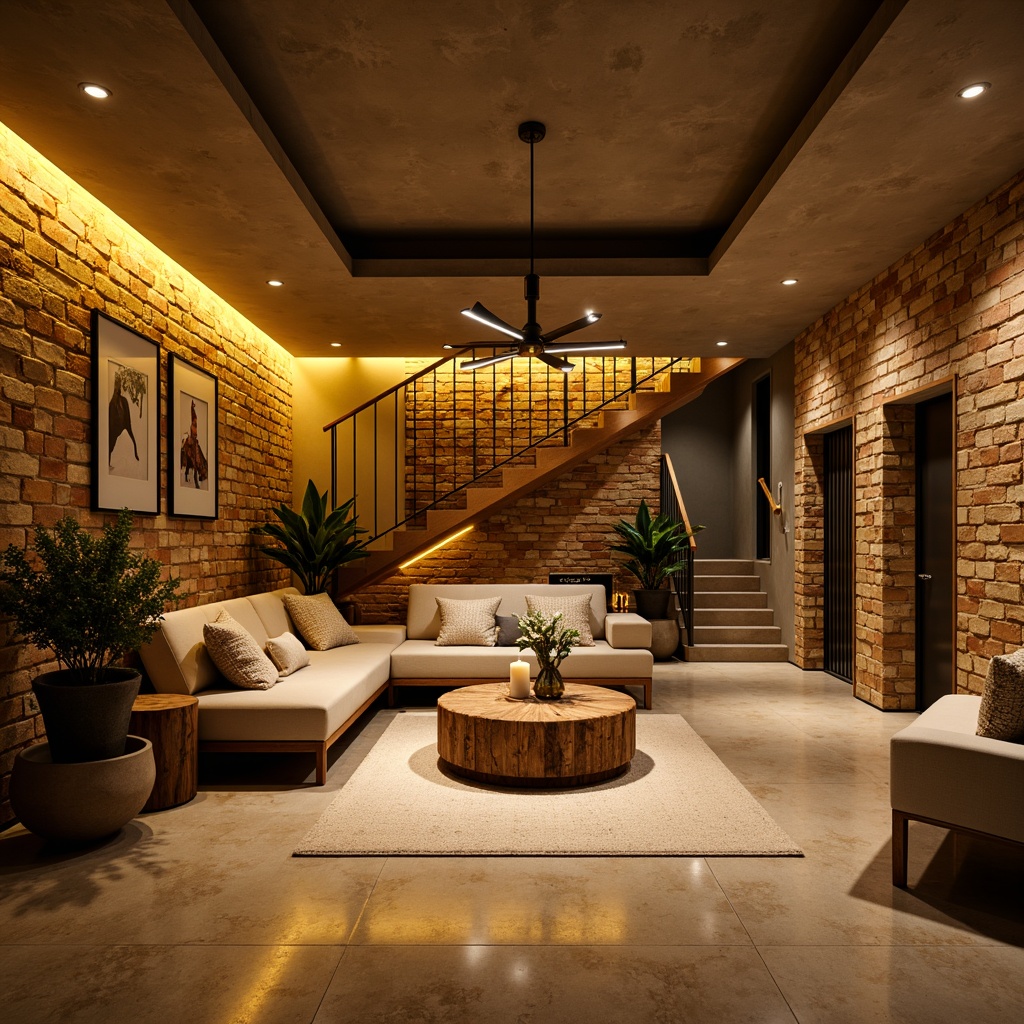 Prompt: Cozy basement ambiance, warm yellow lighting, recessed ceiling lights, industrial metal shades, exposed brick walls, rustic wooden accents, modern minimalist furniture, soft ambient glow, LED strip lights, under-stair illumination, hidden floor lamps, warm beige tones, textured concrete floors, natural stone walls, urban loft-inspired design, dramatic shadows, 3/4 composition, low-key lighting, realistic textures.