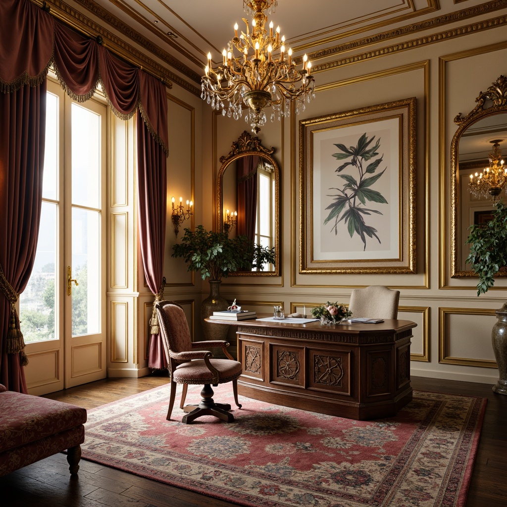 Prompt: Opulent home office, ornate wooden desk, velvet drapes, gilded frames, intricately carved furniture, rich jewel-toned fabrics, soft golden lighting, luxurious textiles, brocade upholstery, silk wall coverings, ornamental mirrors, lavish chandeliers, French-inspired architecture, delicate florals, pastel colors, intricate moldings, plush area rugs, comfortable seating, elegant workspace, warm beige tones, subtle sheen finishes, 1/1 composition, shallow depth of field.