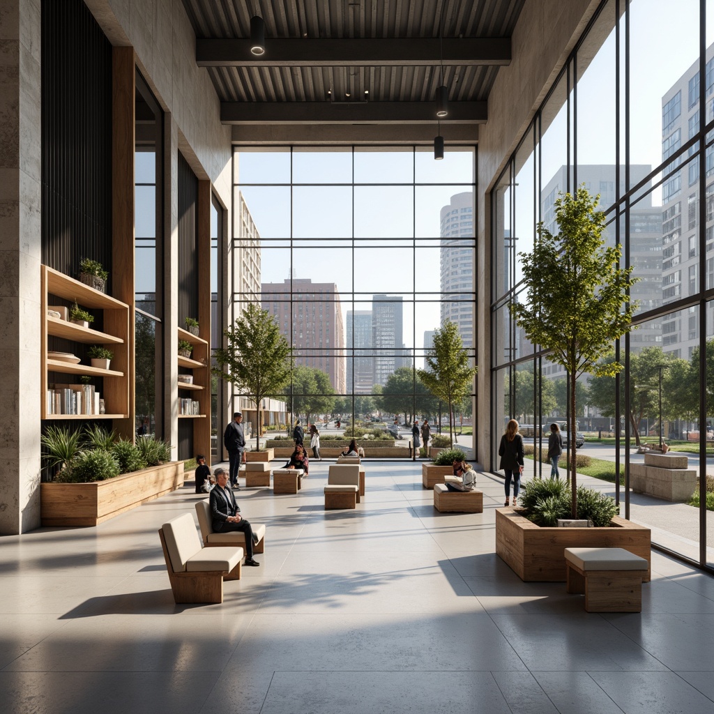 Prompt: Modern shopping mall interior, minimalist furniture design, sleek wooden benches, simple metal shelves, monochromatic color scheme, industrial-chic lighting fixtures, polished concrete floors, geometric-shaped planters, sparse greenery, natural stone accent walls, floor-to-ceiling windows, urban cityscape views, softbox lighting, 1/1 composition, shallow depth of field, realistic textures, ambient occlusion.