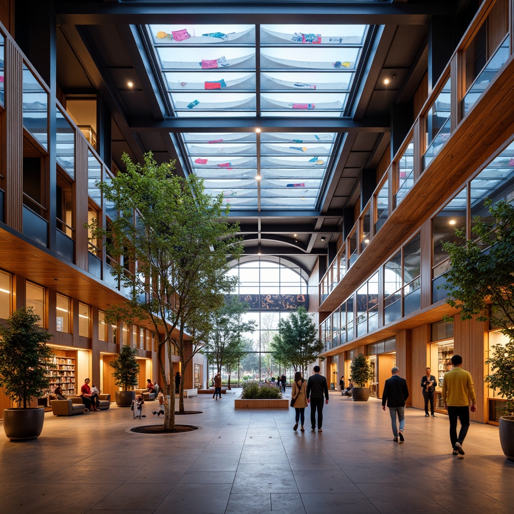 Prompt: Vibrant community center, modern architecture, open atrium, natural light pouring in, warm ambient lighting, LED strips, colorful lanterns, suspended ceilings, minimalist decor, sleek metal fixtures, energy-efficient solutions, solar-powered lights, dynamic color changing effects, interactive light installations, cozy reading nooks, intimate gathering spaces, flexible multipurpose rooms, adaptive reuse of industrial materials, reclaimed wood accents, polished concrete floors, urban loft atmosphere, soft warm glow, shallow depth of field, 1/2 composition, realistic textures, ambient occlusion.