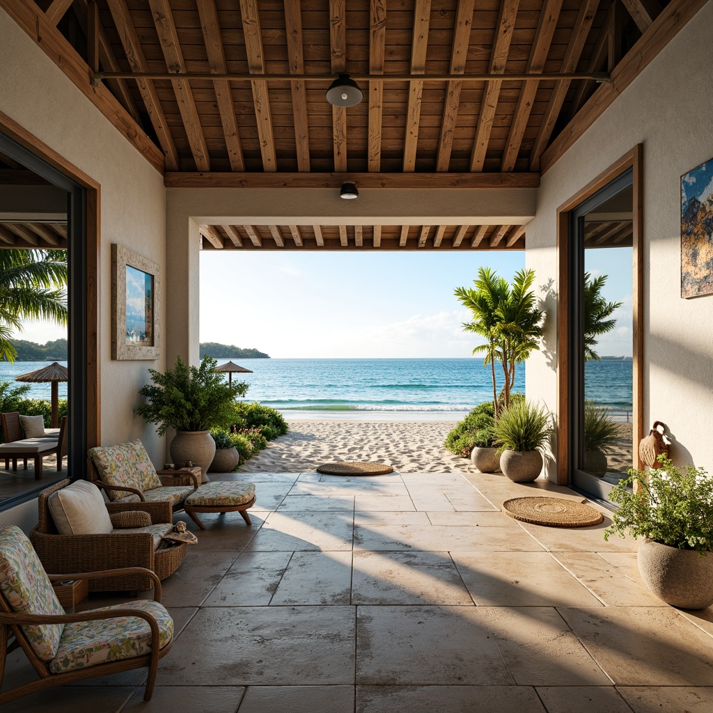 Prompt: Sandy beachfront, driftwood accents, ocean-inspired color palette, natural stone flooring, woven rattan furniture, nautical-themed decor, tropical plants, reclaimed wood ceiling, large windows, sliding glass doors, seaside views, warm sunny day, soft diffused lighting, shallow depth of field, 3/4 composition, panoramic view, realistic textures, ambient occlusion, beachy ambiance, relaxed atmosphere, coastal-inspired artwork, coral-patterned textiles, ocean-blue hues, weathered wood details, rustic metal fixtures.