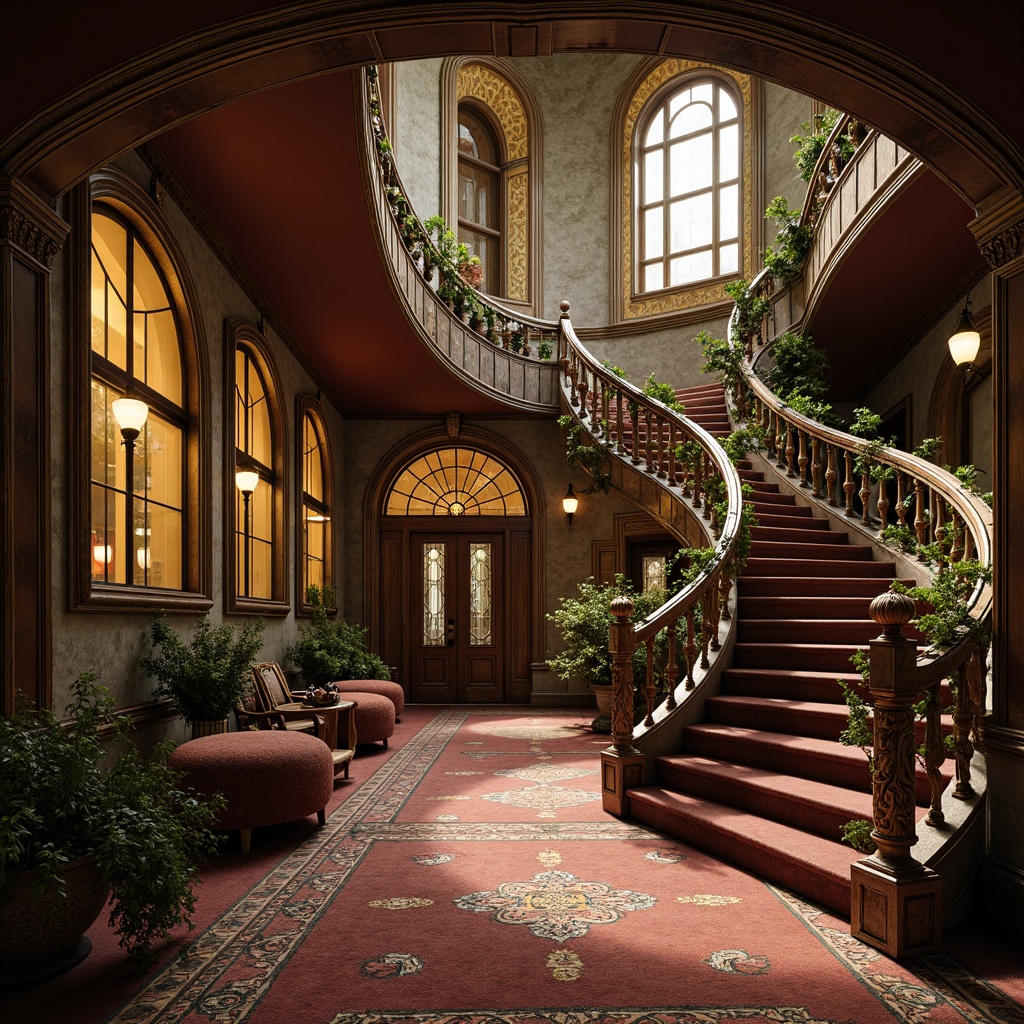 Prompt: Organic forms, sinuous curves, flowing tendrils, ornate metalwork, luxurious fabrics, velvety textures, soft warm lighting, intimate spaces, elegant staircases, twisted banisters, botanical motifs, intricate patterns, earthy tones, rich wood accents, stained glass windows, dramatic archways, ornamental details, 3D sculptural elements, romantic ambiance, vintage charm.