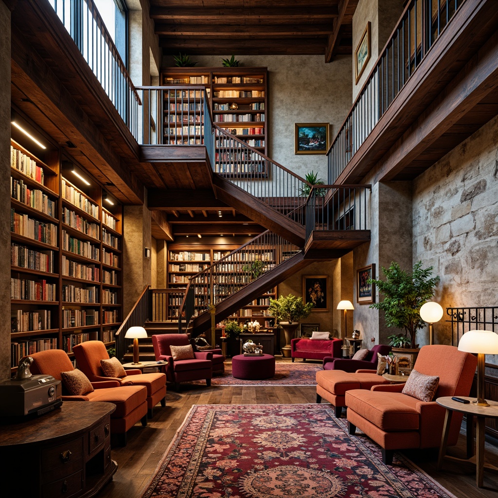 Prompt: Cozy bookstore, expressive architectural design, rich wooden shelves, ladder bookcases, vintage reading lamps, comfortable armchairs, soft warm lighting, rustic stone walls, eclectic mix of modern and antique furniture, abstract artwork, vibrant colorful rugs, plush velvet sofas, whimsical decorative elements, intricate metal staircases, dramatic high ceilings, grand windows, natural daylight, 3/4 composition, shallow depth of field, realistic textures, ambient occlusion.