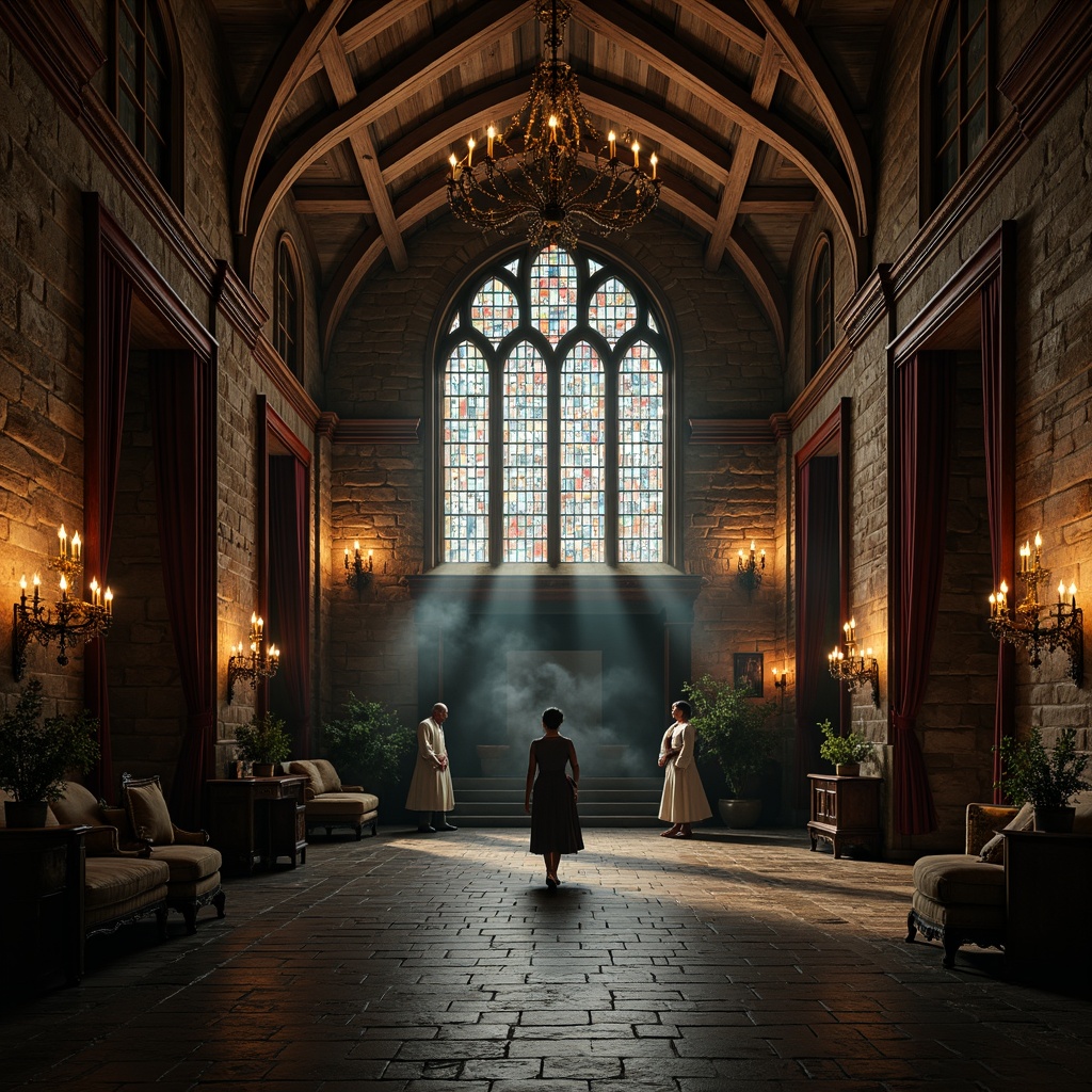 Prompt: Richly textured stone walls, vaulted ceilings, grand chandeliers, ornate wooden paneling, intricate carvings, mysterious dark woods, luxurious velvet drapes, stained glass windows, majestic archways, dramatic lighting, eerie shadows, mystical ambiance, atmospheric fog, High Contrast Ratio, cinematic composition, symmetrical framing, warm golden lighting, elaborate furnishings.