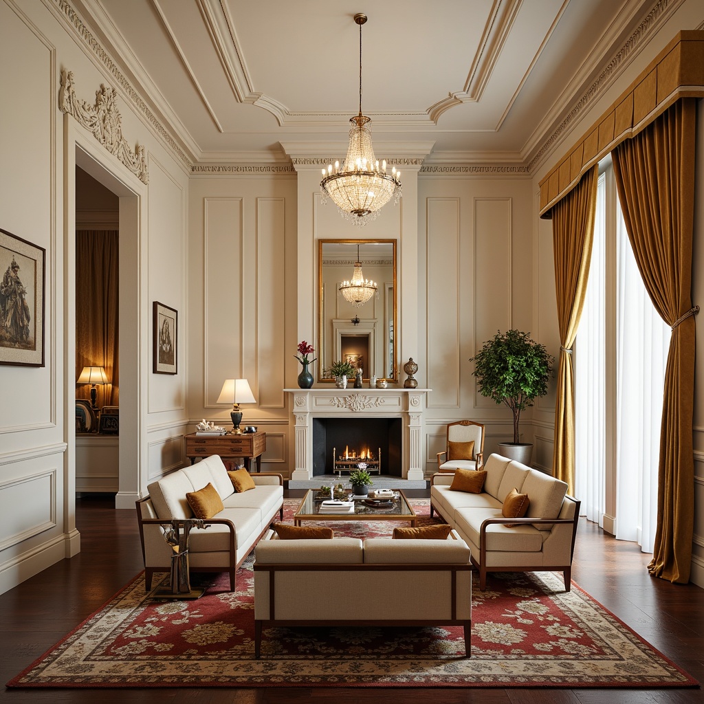 Prompt: Elegant family room, neoclassical style, cream-colored walls, ornate moldings, decorative pilasters, rich wood paneling, luxurious velvet drapes, golden accents, crystal chandeliers, plush area rugs, comfortable sectional sofas, vintage armchairs, classic coffee tables, subtle texture contrasts, soft warm lighting, shallow depth of field, 1/2 composition, realistic material rendering, ambient occlusion.