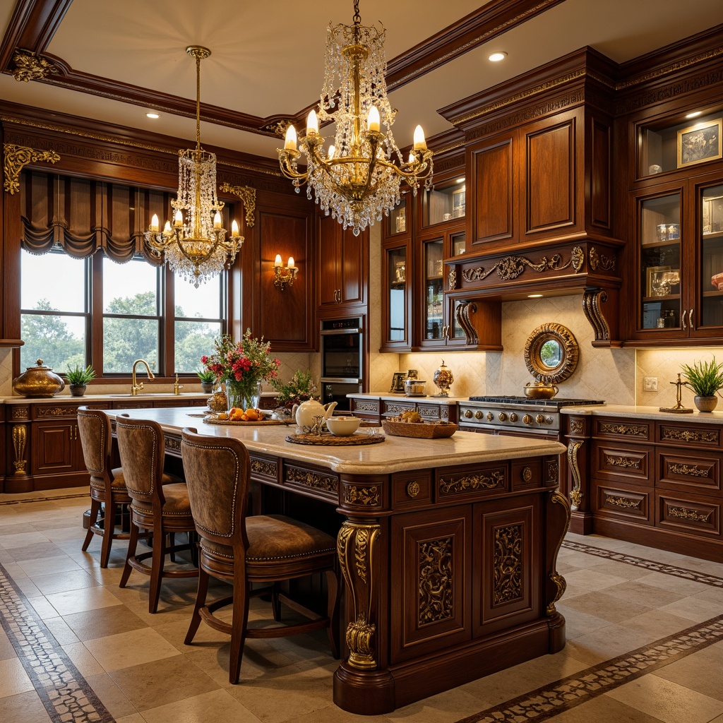 Prompt: Ornate kitchen island, rich wood tones, gilded accents, intricate carvings, curved lines, luxurious velvet upholstery, golden lighting fixtures, marble countertops, ornamental mirrors, lavish furnishings, opulent decorative elements, grandiose cabinetry, carved wooden panels, crystal chandeliers, warm beige walls, elegant floor patterns, soft focus, shallow depth of field, 1/1 composition, dramatic shadows, realistic textures.