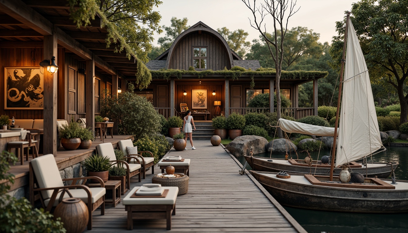 Prompt: Rustic wooden dock, vintage sailing boats, soft mossy roof, natural stone foundation, distressed wood accents, ornate metal lanterns, curved lines, steeply pitched roof, earthy color palette, weathered wood shutters, charming windows, cozy reading nooks, plush furnishings, nautical decorations, antique props, warm golden lighting, shallow depth of field, 1/2 composition, romantic atmosphere, soft focus, realistic textures.