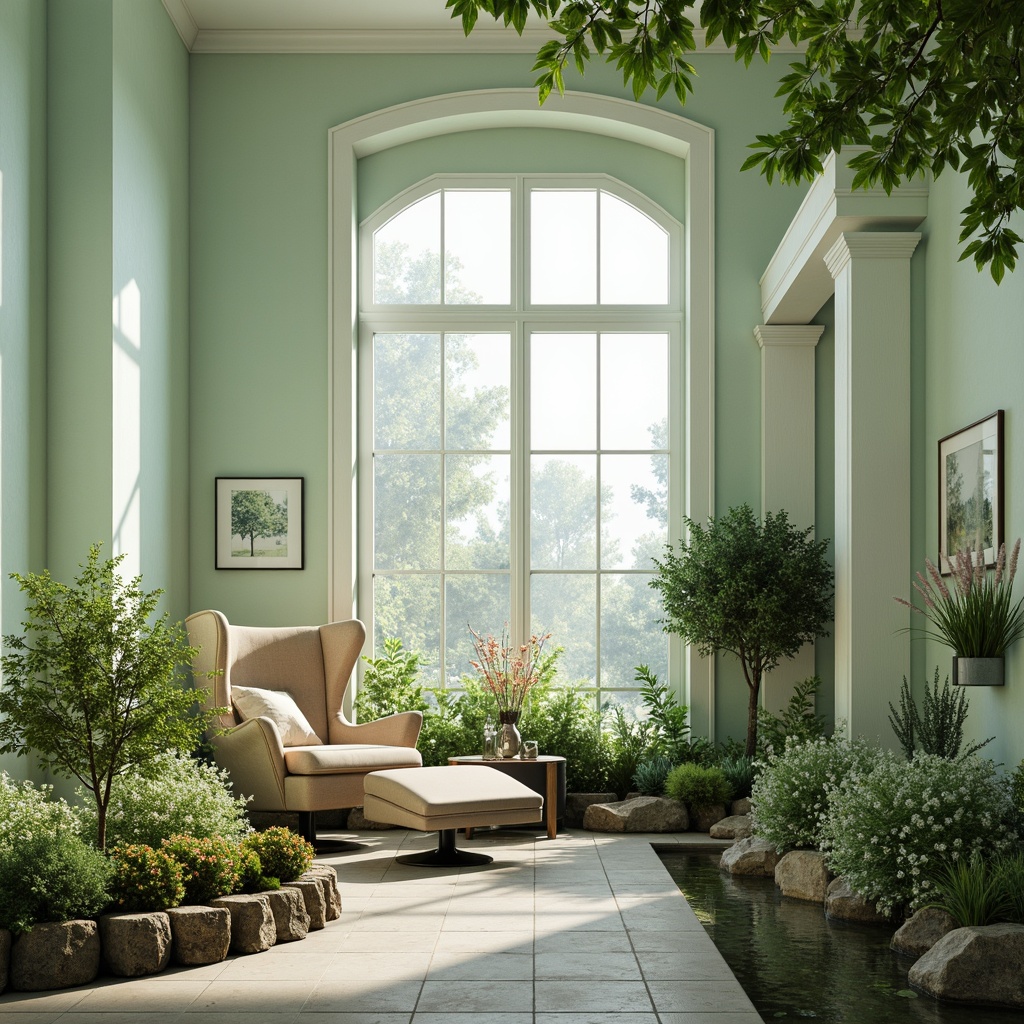 Prompt: Pastel mint walls, soft creamy trim, calming ambiance, serene atmosphere, natural light pouring in, lush greenery, delicate florals, gentle breeze, refreshing mist, cool toned furniture, velvety upholstery, subtle sheen, organic textures, earthy accents, moss-covered stones, tranquil water features, shallow depth of field, 1/2 composition, warm soft focus, realistic reflections.