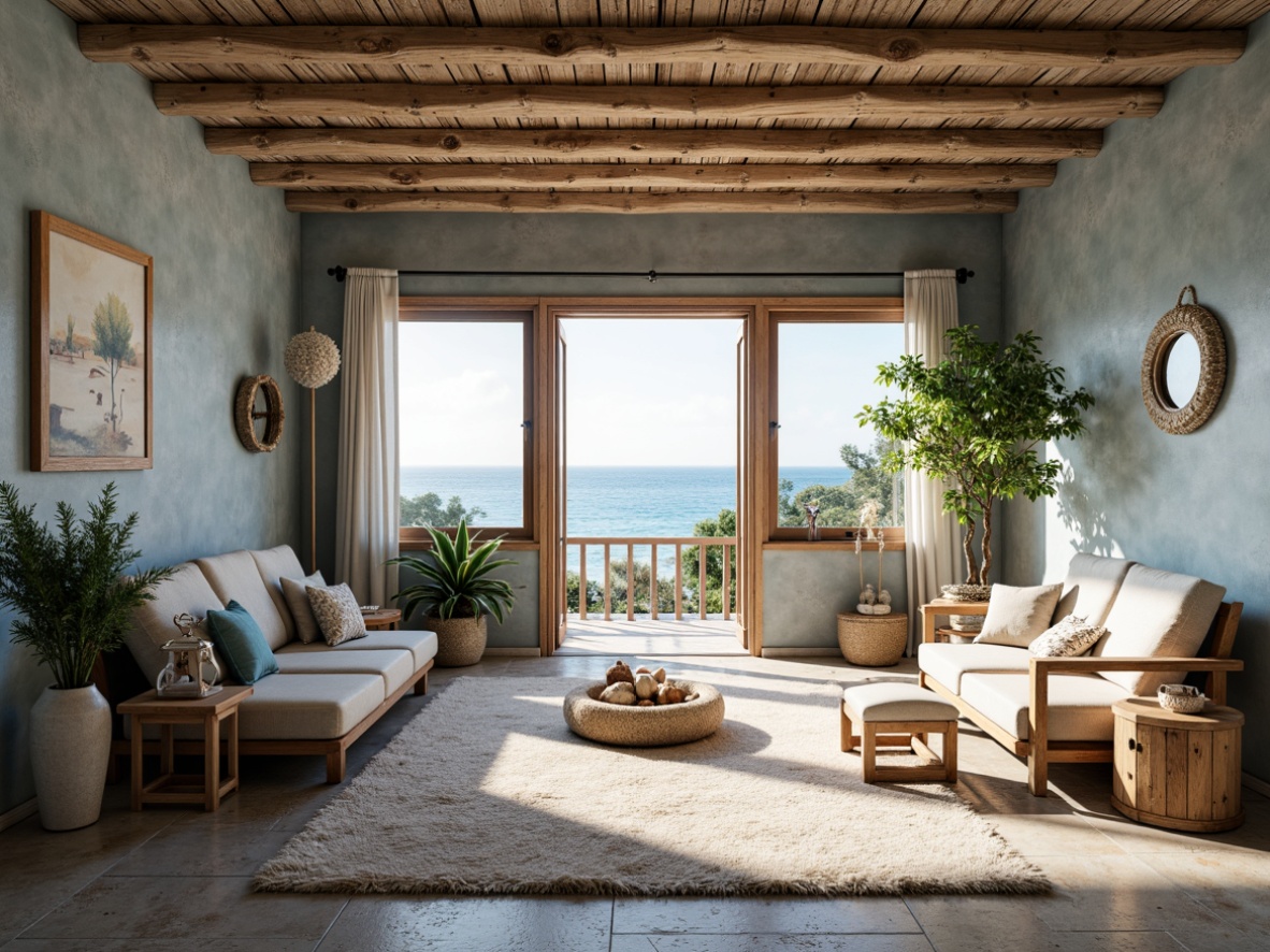 Prompt: Driftwood grey walls, natural woven fibers, ocean blue accents, coral stone floors, weathered wood furniture, nautical ropes, seashell decorations, porthole windows, soft sandy beige upholstery, refreshing sea breeze, warm sunny day, shallow depth of field, 1/2 composition, natural light, airy atmosphere, beachy vibe, relaxed ambiance, tropical plants, reclaimed wood ceilings, distressed finishes, ocean-inspired patterns, calming color palette, serene ambiance.