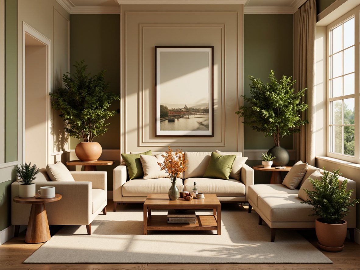 Prompt: Warm beige walls, soft sage accents, creamy white trim, rich walnut wood tones, plush velvet furnishings, metallic gold hardware, natural linen textures, earthy terracotta pots, lush greenery, vibrant floral arrangements, warm golden lighting, shallow depth of field, 3/4 composition, realistic renderings, ambient occlusion.