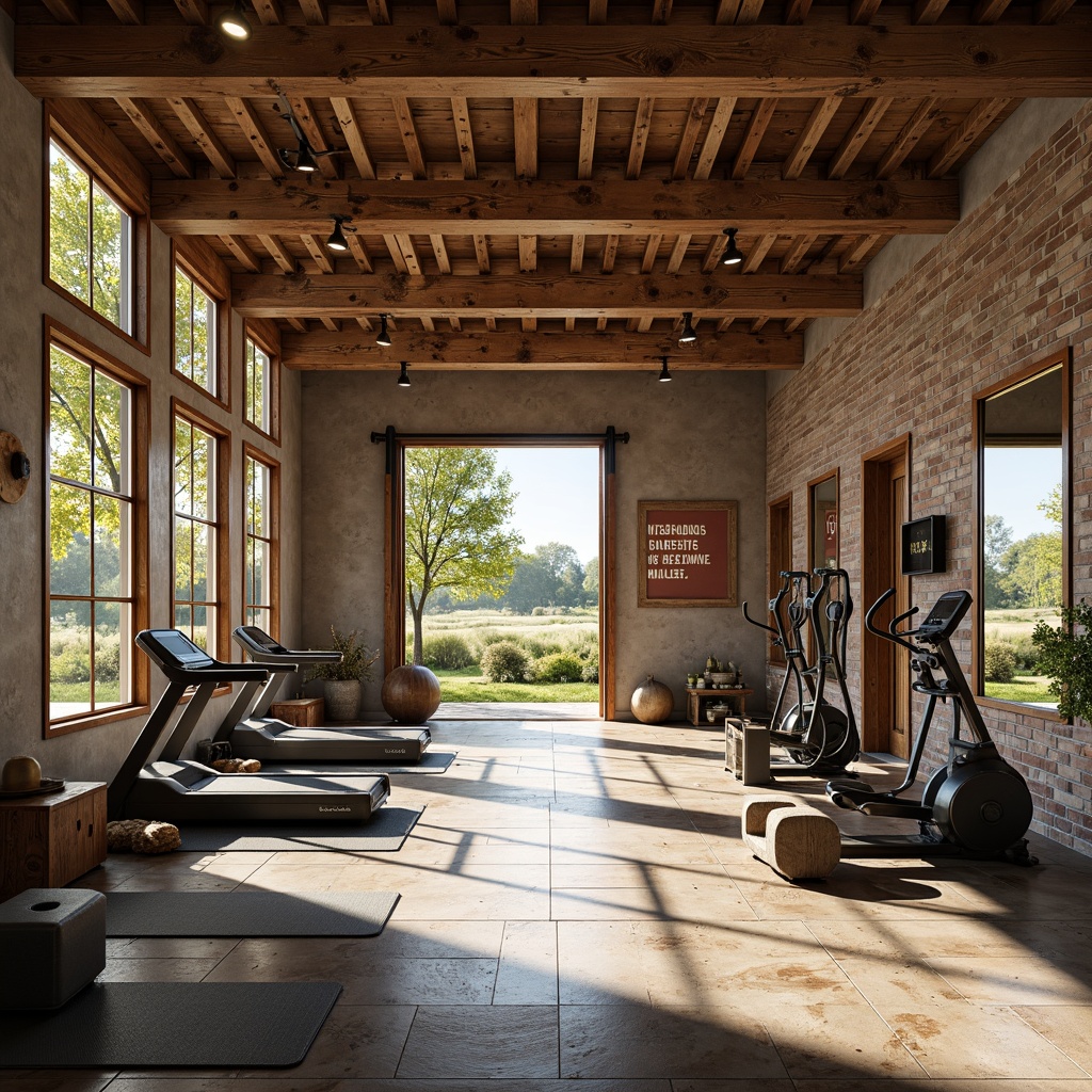 Prompt: Rustic farmhouse-style fitness club, open space layout, reclaimed wood accents, vintage metal equipment, natural stone flooring, earthy color palette, plenty of natural light, large windows, sliding barn doors, industrial-chic lighting fixtures, wooden beams, brick walls, modern cardio machines, free weights area, yoga mats, mirrored walls, motivational quotes, rural landscape views, sunny day, soft warm lighting, shallow depth of field, 3/4 composition, realistic textures, ambient occlusion.