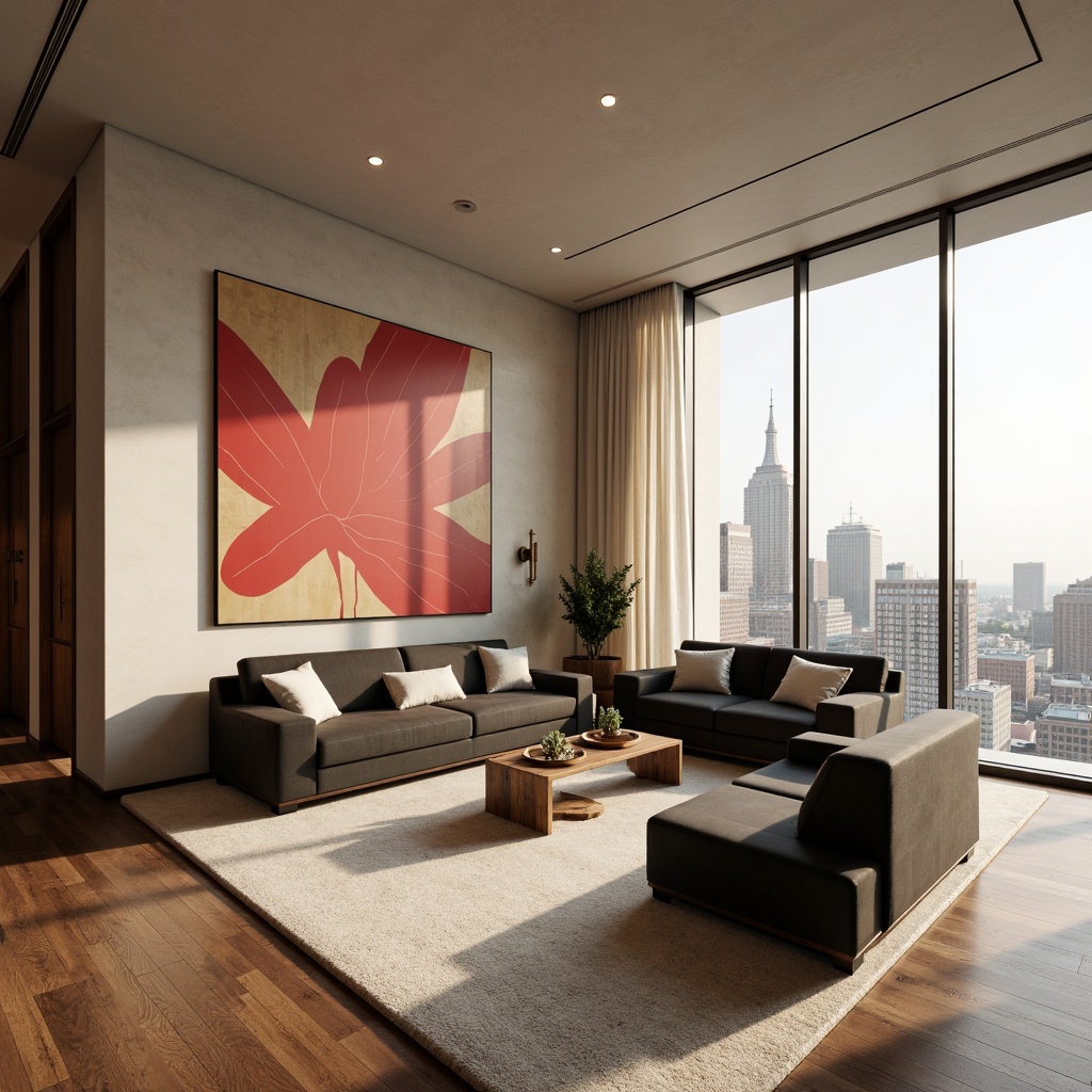 Prompt: Luxurious penthouse, modern interior design, neutral beige walls, rich walnut wood accents, soft creamy carpets, velvety dark grey sofas, bold red artwork, metallic gold lighting fixtures, floor-to-ceiling windows, stunning city skyline views, warm natural light, subtle gradient color transitions, 1/1 composition, realistic material textures, ambient occlusion, high-end furnishings.