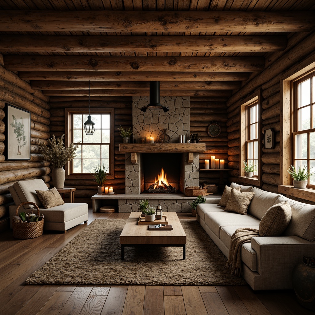 Prompt: Rustic cabin, wooden logs, earthy tones, natural stone walls, reclaimed wood accents, distressed textures, vintage metalware, candles, lanterns, cozy fireplaces, plush furnishings, woven baskets, nature-inspired patterns, warm ambient lighting, shallow depth of field, 1/2 composition, soft focus, filmic grain.