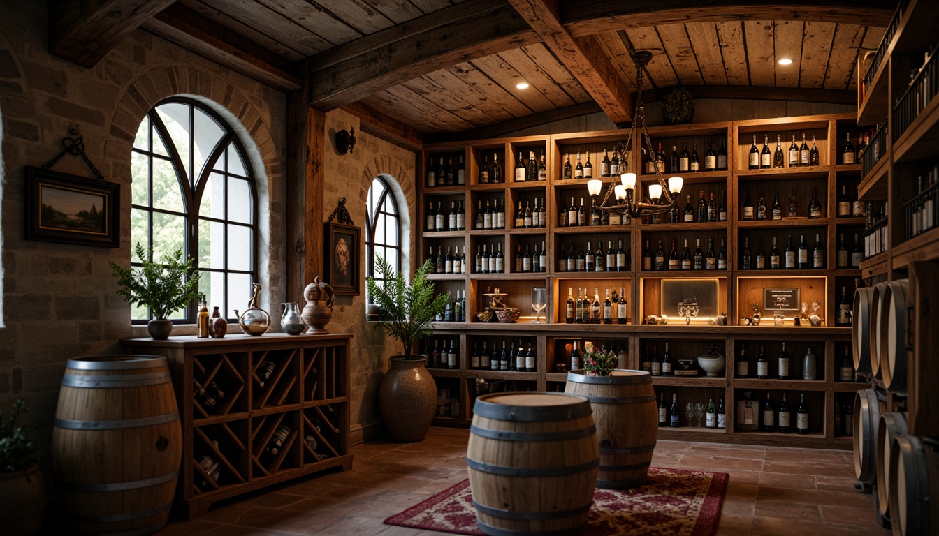 Prompt: Rustic wine cellar, traditional wooden racks, oak barrels, dim warm lighting, stone walls, arched windows, classic label designs, vintage wine bottles, intricate carvings, ornate metalwork, rich wood tones, ambient shadows, soft focus, shallow depth of field, 1/2 composition, realistic textures, detailed reflections.