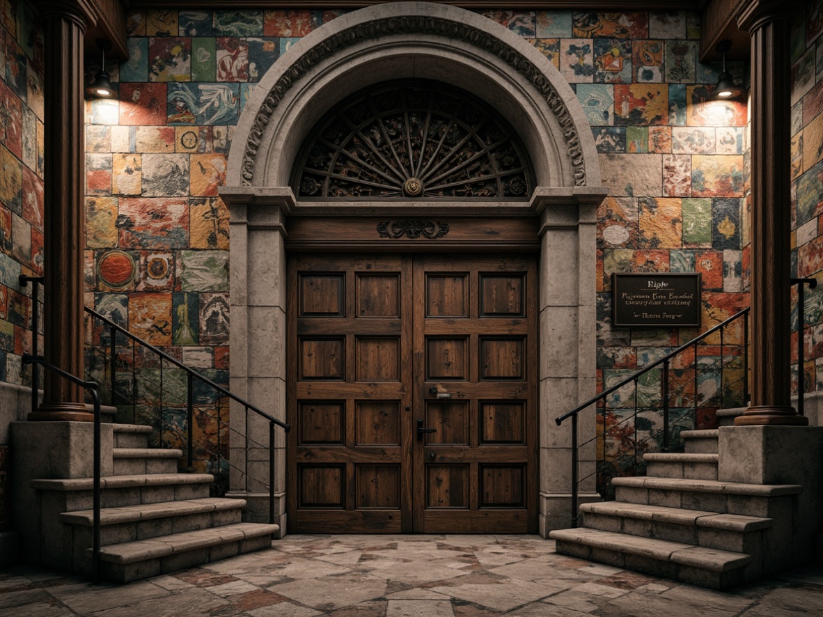 Prompt: Rugged stone walls, distressed wooden planks, rusty metal corrugations, weathered concrete surfaces, vibrant graffiti murals, eclectic mosaic patterns, intricately carved wooden ornaments, ornate Gothic architectural details, dramatic spotlighting, high-contrast shading, cinematic composition, atmospheric misting, mysterious ambient lighting.