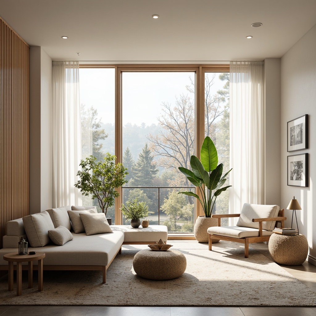 Prompt: Cozy Nordic interior, abundant natural light, large windows, minimal window frames, sheer white curtains, light wood accents, pale color palette, textured rugs, comfortable seating areas, warm atmosphere, soft diffused lighting, 1/2 composition, intimate scale, inviting ambiance, blooming greenery, minimalist decor, functional furniture design.