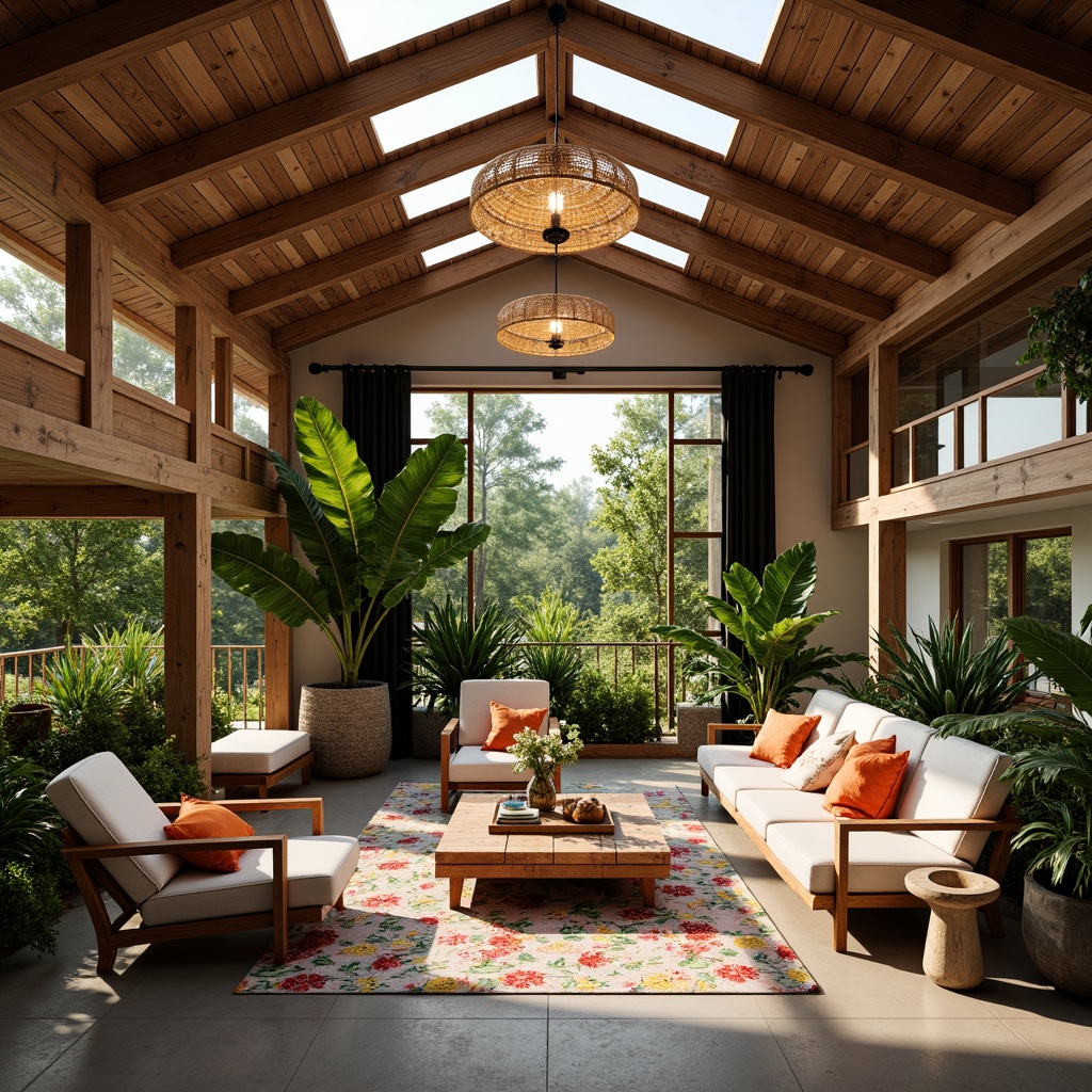 Prompt: \Vibrant tropical family garage, warm wooden accents, natural rattan furniture, lush greenery, colorful floral patterns, soft warm lighting, pendant lanterns, woven bamboo shades, rustic metal decor, exotic wood textures, earthy color palette, high ceiling, skylights, clerestory windows, transom windows, ambient shadows, shallow depth of field, 1/1 composition, realistic reflections, natural ambiance.\Let me know if you need any adjustments!